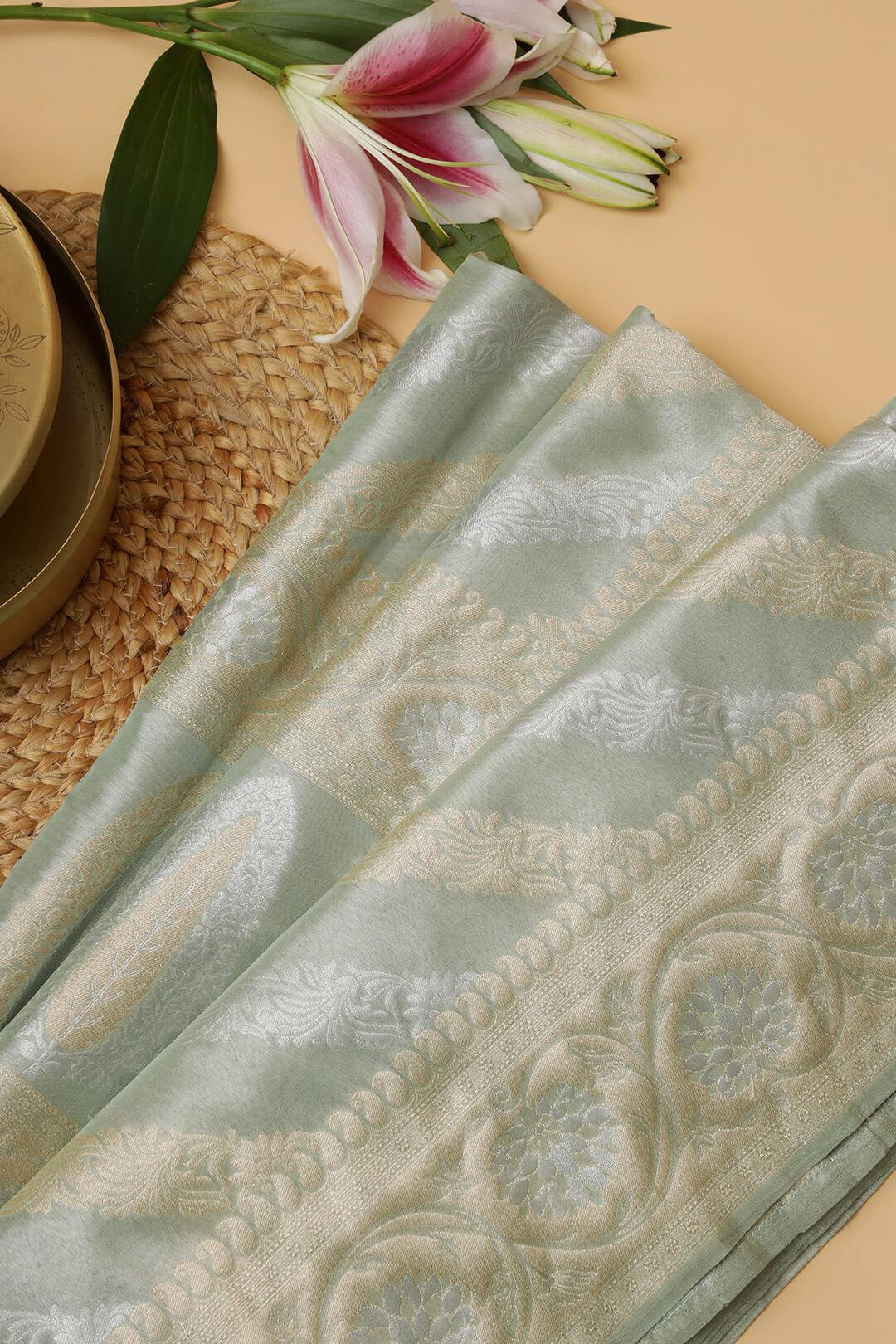 Semi Kora Tissue silk saree in pastel green with gold and silver zari 6 - Pastel green with gold and solver zari Semi Kora Tissue saree