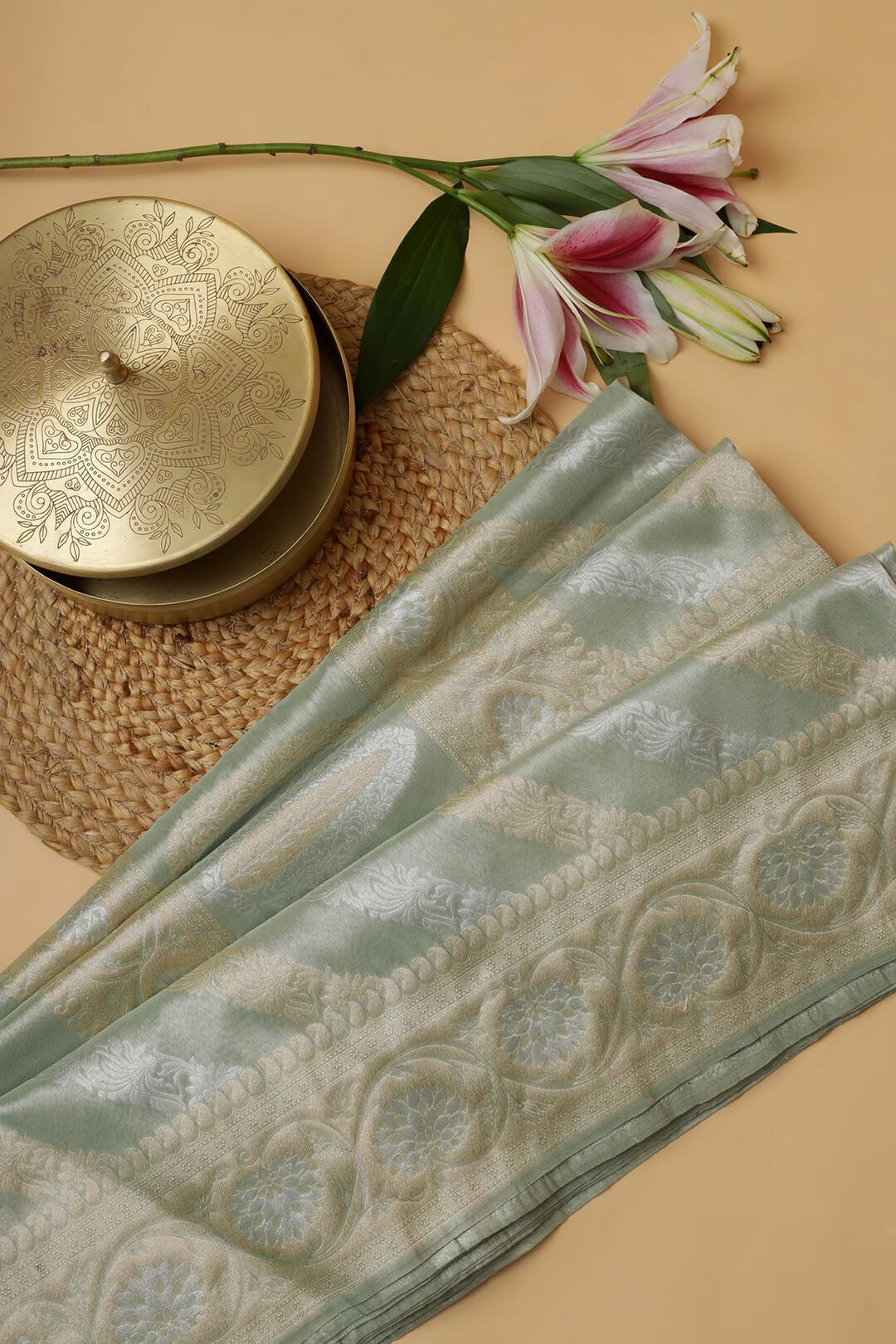 Semi Kora Tissue silk saree in pastel green with gold and silver zari 2 - Pastel green with gold and solver zari Semi Kora Tissue saree