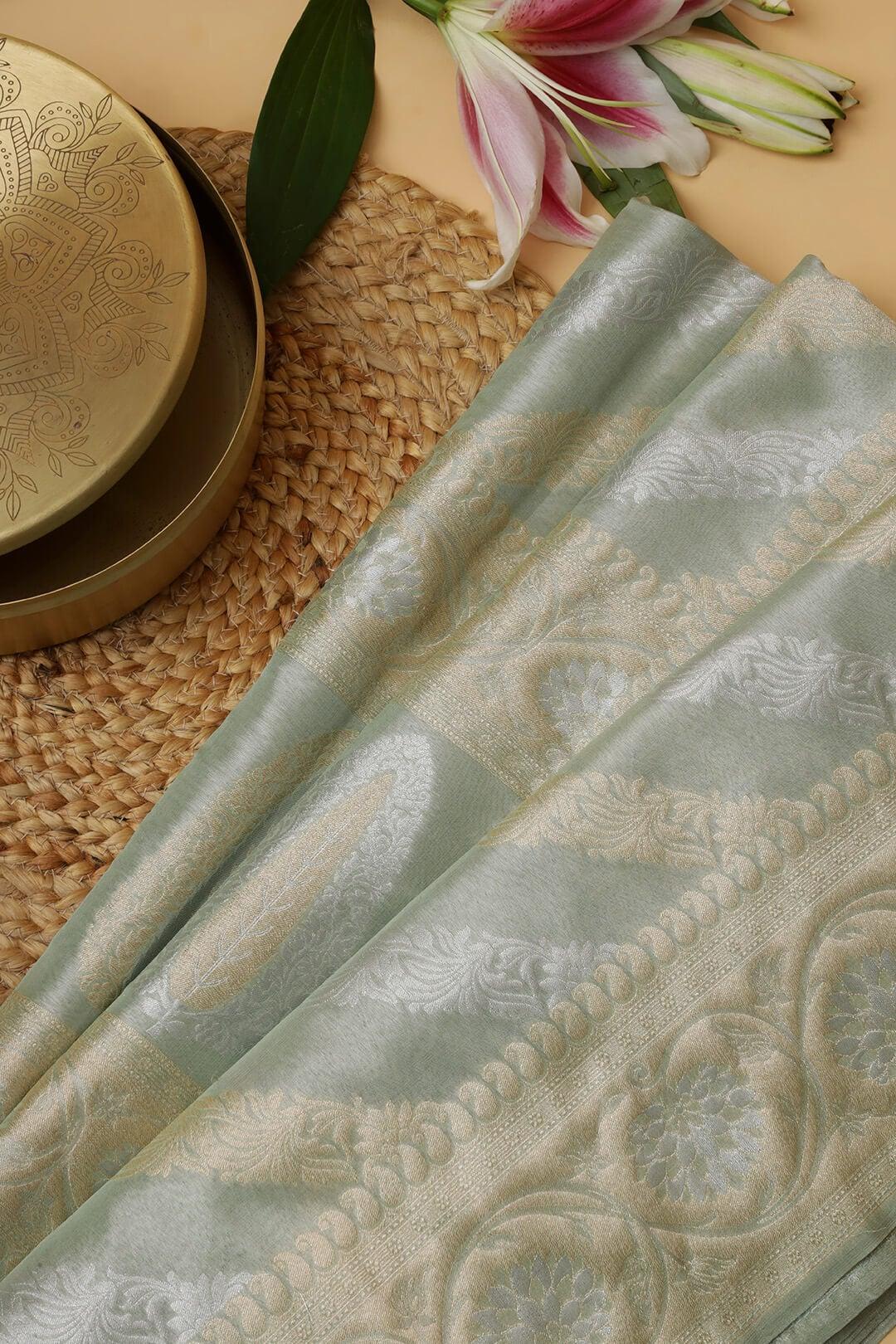 Semi Kora Tissue silk saree in pastel green with gold and silver zari view 3 - Pastel green with gold and solver zari Semi Kora Tissue saree