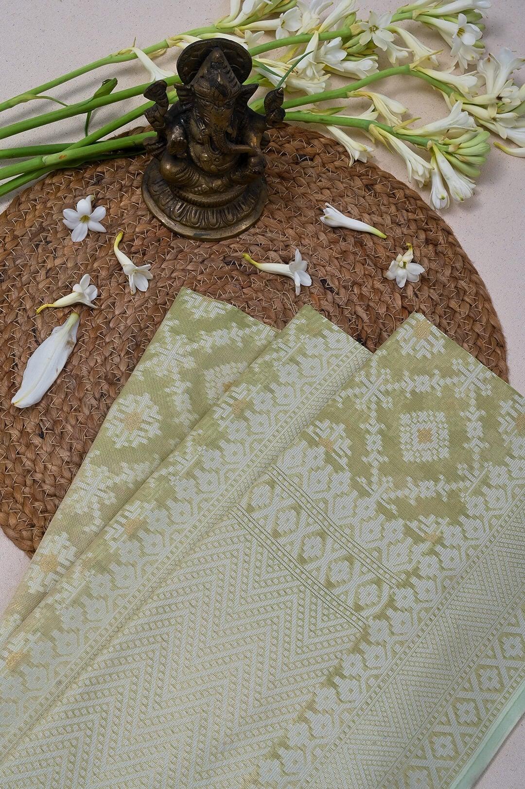 Semi Kora Tissue saree with soft pista green and ivory view 4 - Pista green & Ivory Semi Kora Tissue saree