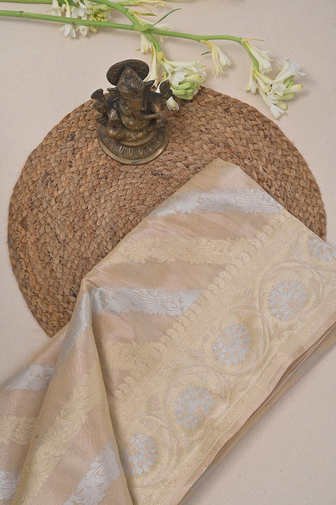 Semi Kora Tissue Silk saree in Beige and Gold silver zari view 2 - Beige Semi Kora Tissue saree