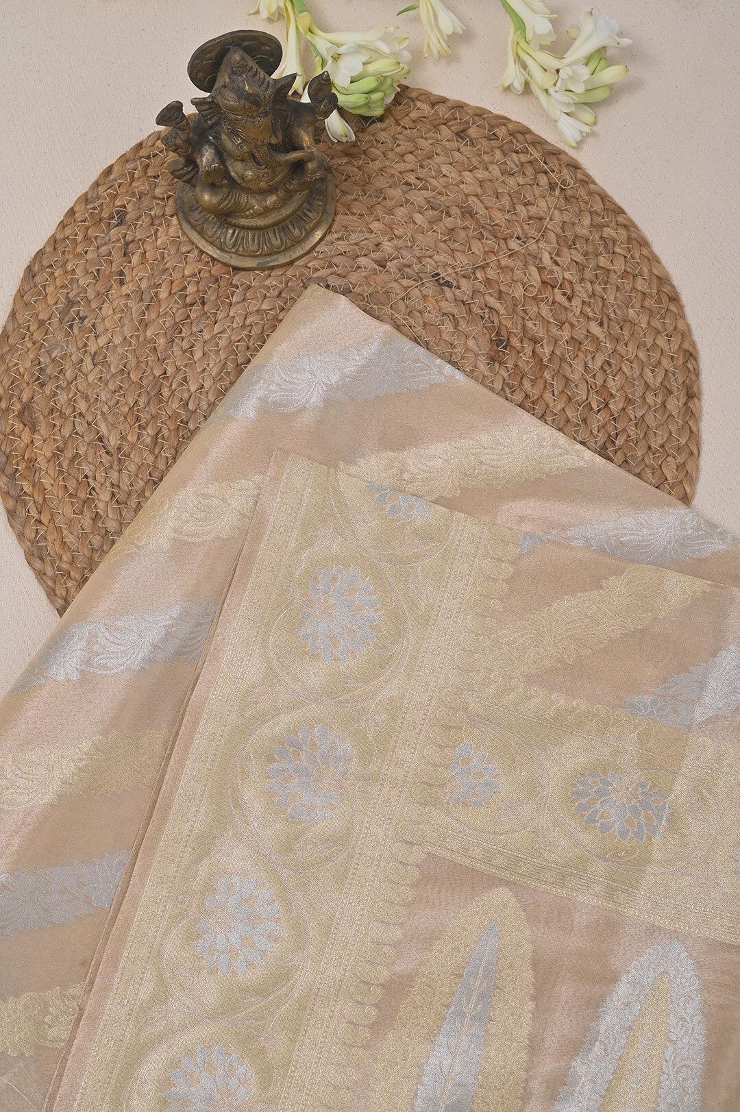 Semi Kora Tissue Silk saree in Beige and Gold silver zari 4 - Beige Semi Kora Tissue saree
