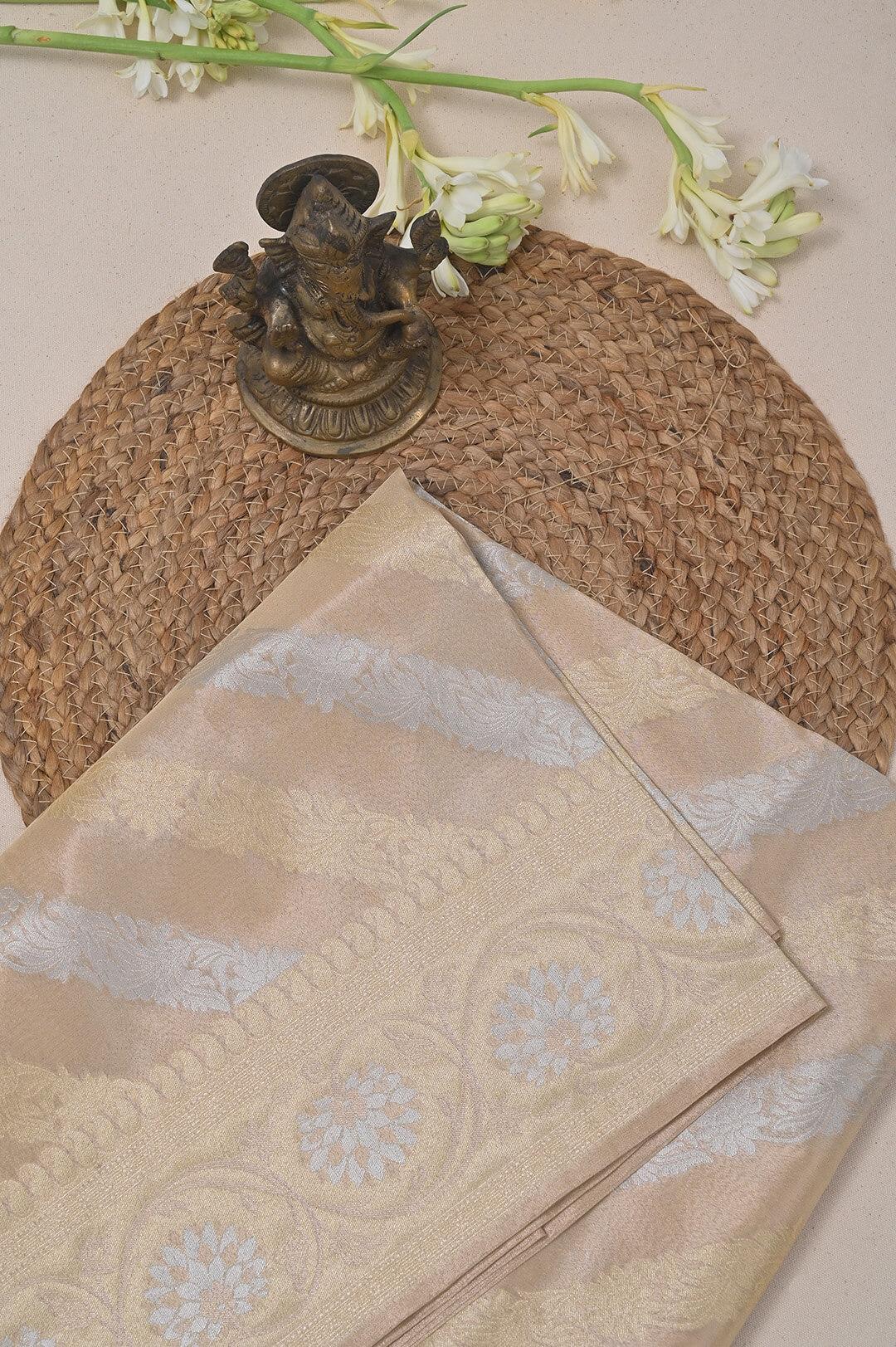 Semi Kora Tissue Silk saree in Beige and Gold silver zari view 3 - Beige Semi Kora Tissue saree
