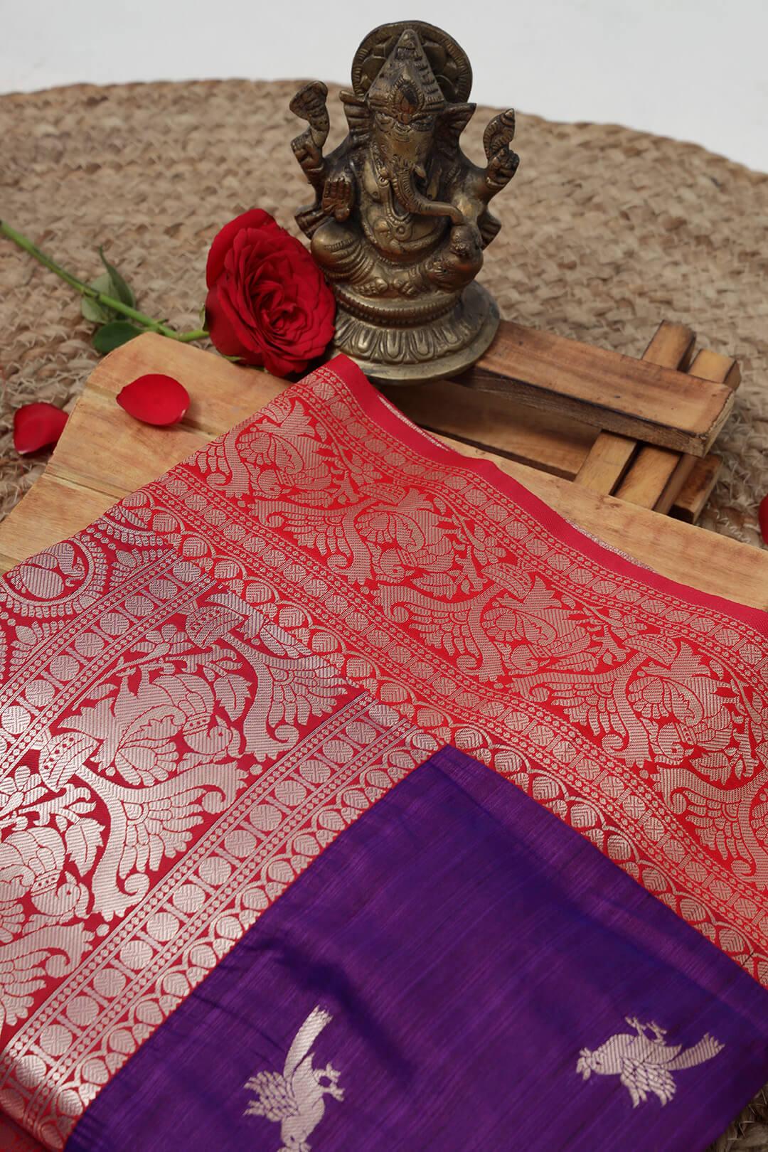 Semi Katan Silk in Deep Purple and Red view 4 - Deep Purple and Red Semi Katan saree