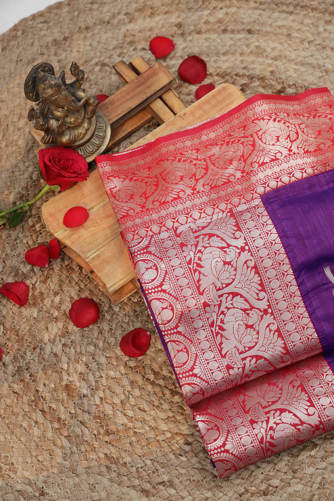 Semi Katan Silk in Deep Purple and Red 3 - Deep Purple and Red Semi Katan saree