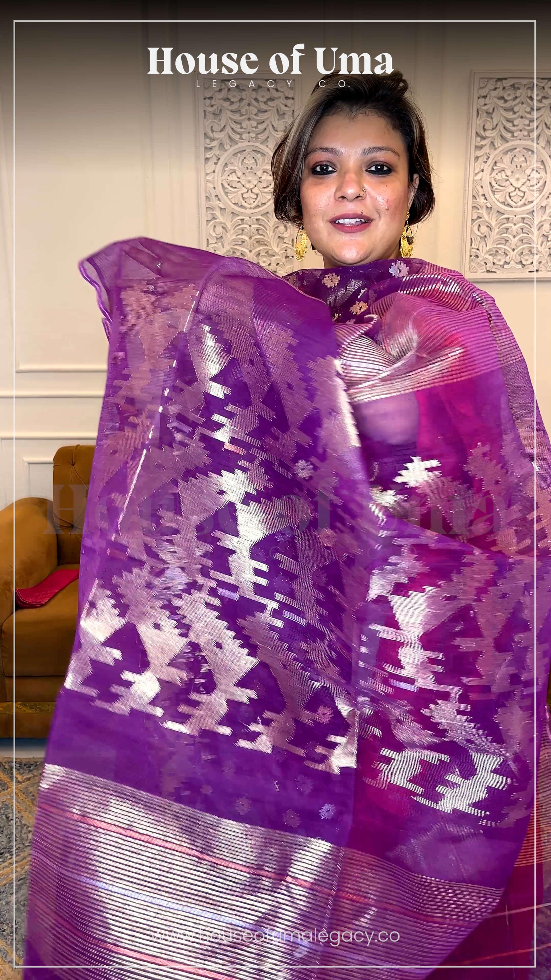Handloom Dhakai Jamdani saree in Purple 2 - Purple Jamdani silk saree