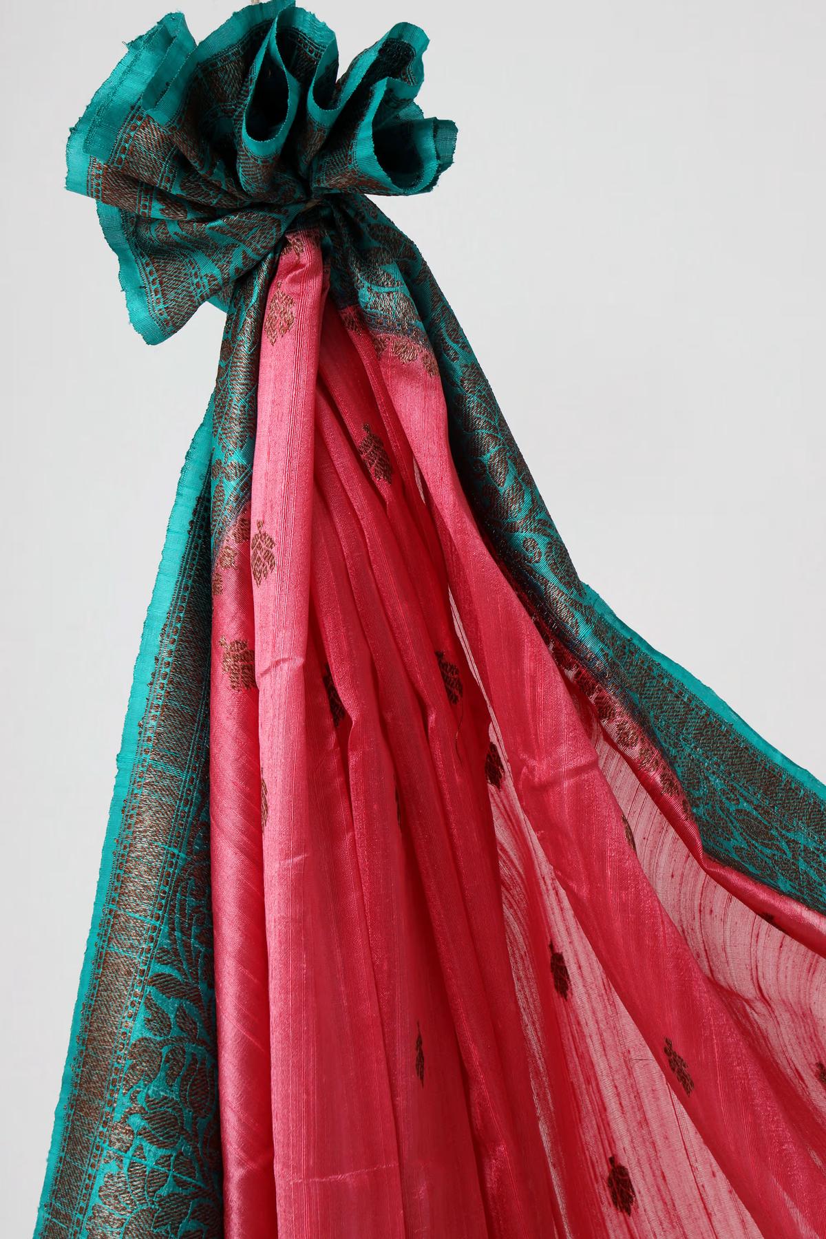 Handloom Tussar Banarasi in Pink and Turqoise Blue view 5 - Pink and Turquoise blue Tussar silk saree