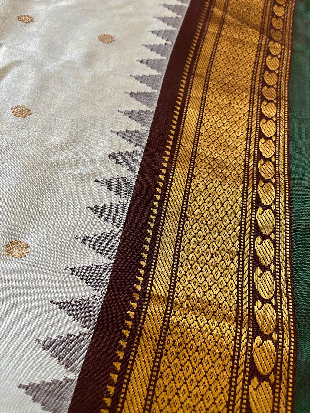 Handloom Pure Silk Gadwal in Ivory & Chocolate - handcrafted saree from Handloom Pure Silk Gadwal collection
