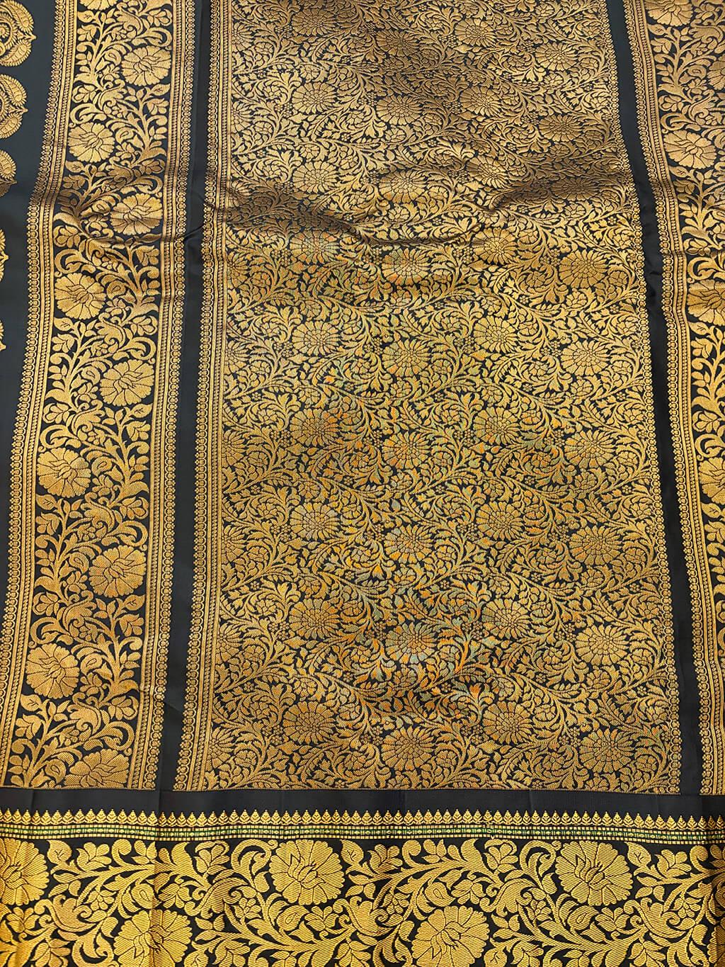 Handloom Pure Silk Gadwal in Gold Brocade on Cream and Black Zari Pallu view 3 - Cream (Body) • Deep Black (Pallu) • Gold (Zari & Borders) Pure Silk Gadwal saree