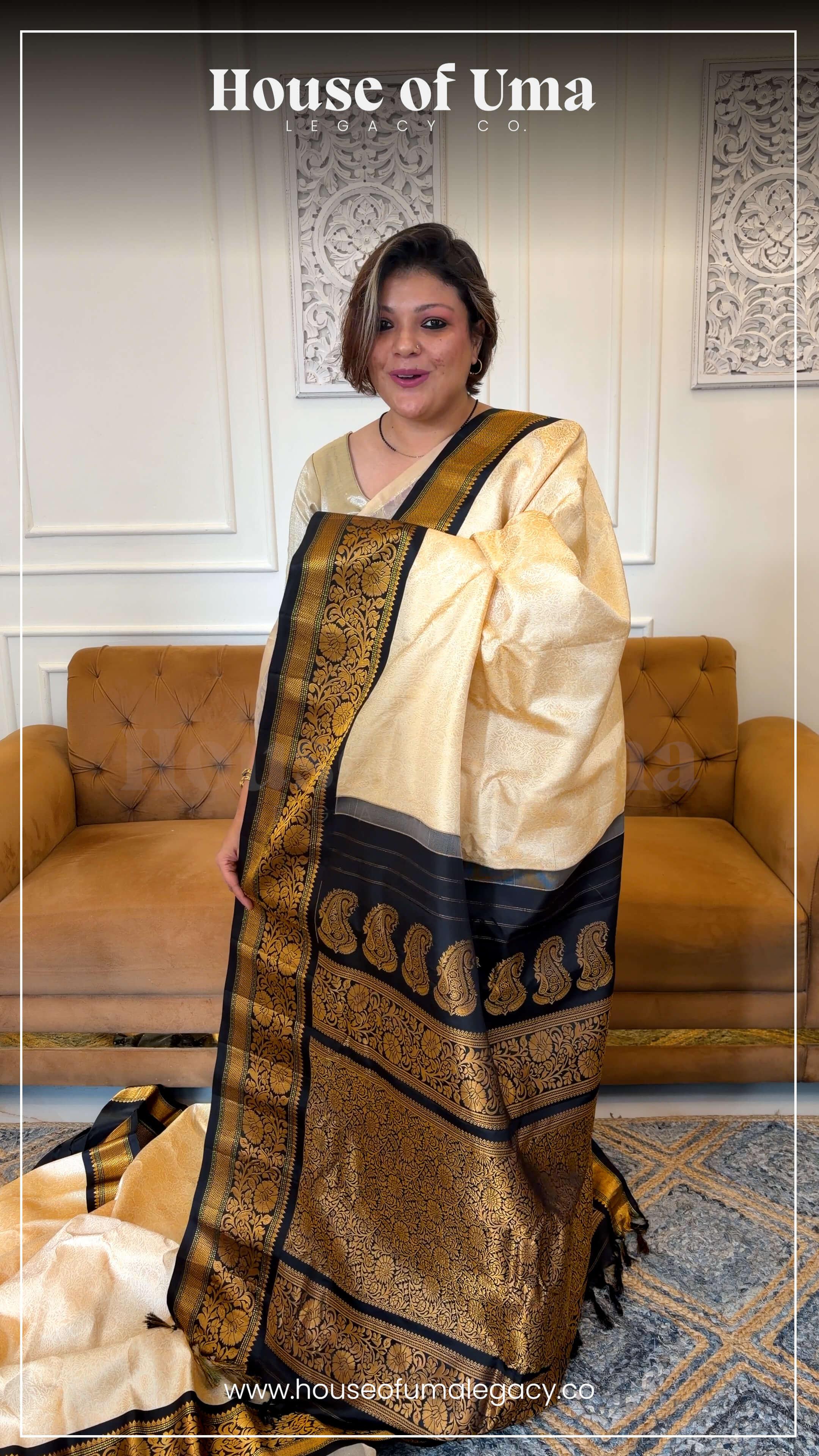 Handloom Pure Silk Gadwal in Gold Brocade on Cream and Black Zari Pallu - handcrafted saree from Handloom Pure Silk Gadwal collection