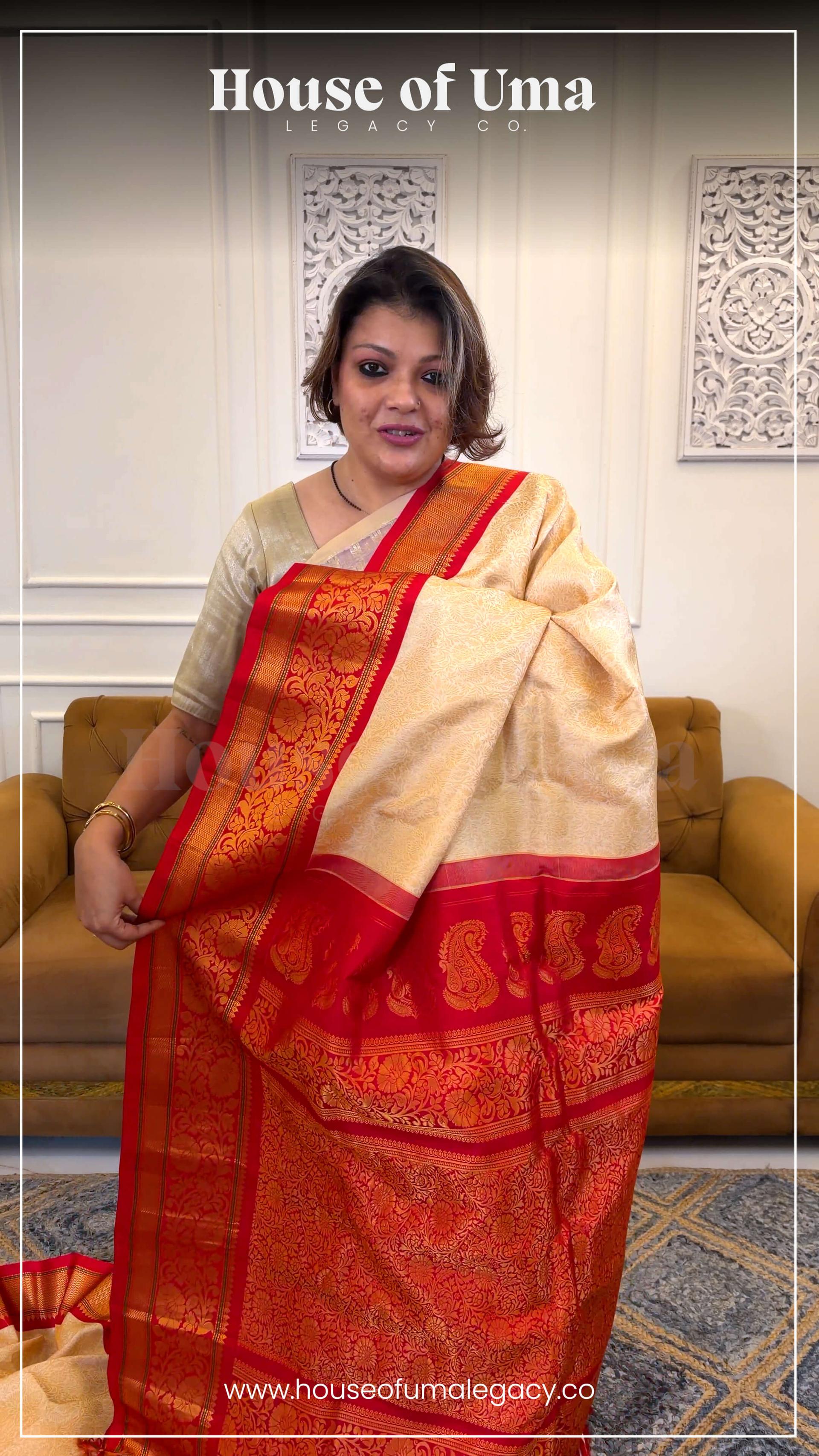 Handloom Pure Silk Gadwal in Gold Brocade on Cream and Red Zari Pallu 1 - Cream (Body) • Red (Pallu) • Gold (Zari & Red Borders) Pure Silk Gadwal saree