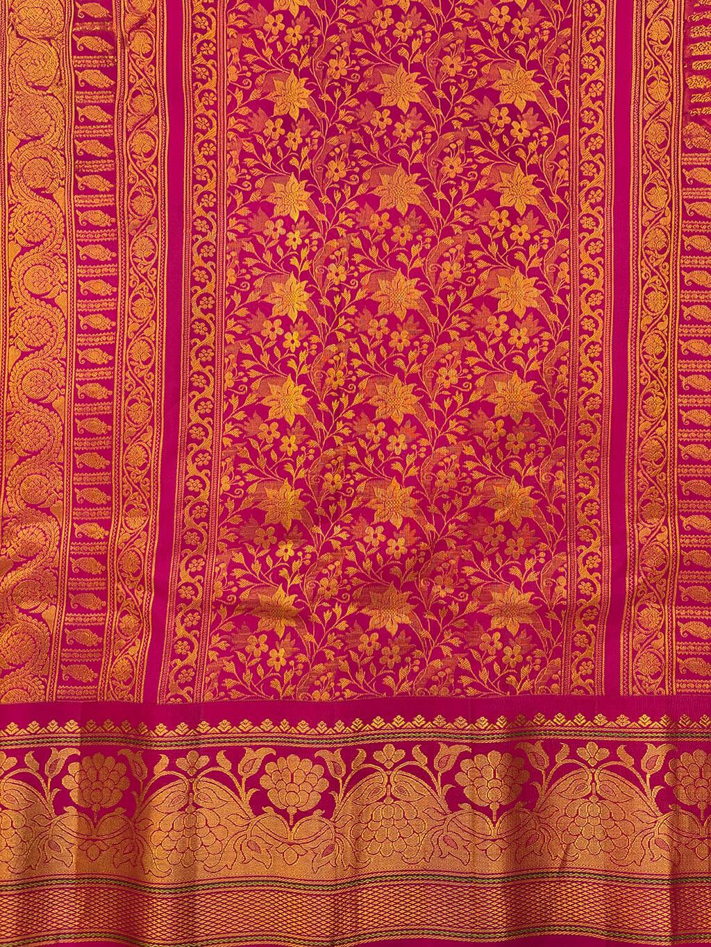 Handloom Pure Silk Gadwal in Gold Brocade on Sage Green and Rani Pink Pallu view 2 - Sage Green (Body) • Rani Pink (Pallu) • Gold (Zari & Rani Pink Borders) Pure Silk Gadwal saree