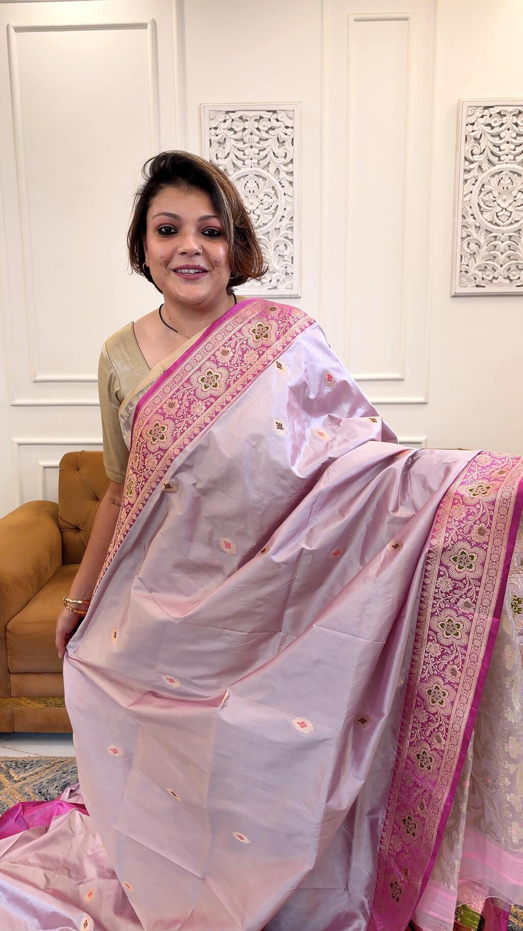 Handloom Pure Katan Silk in Dual Tone Lavender and Pink with Meenakari view 4 - Lavender and Pink Silk saree