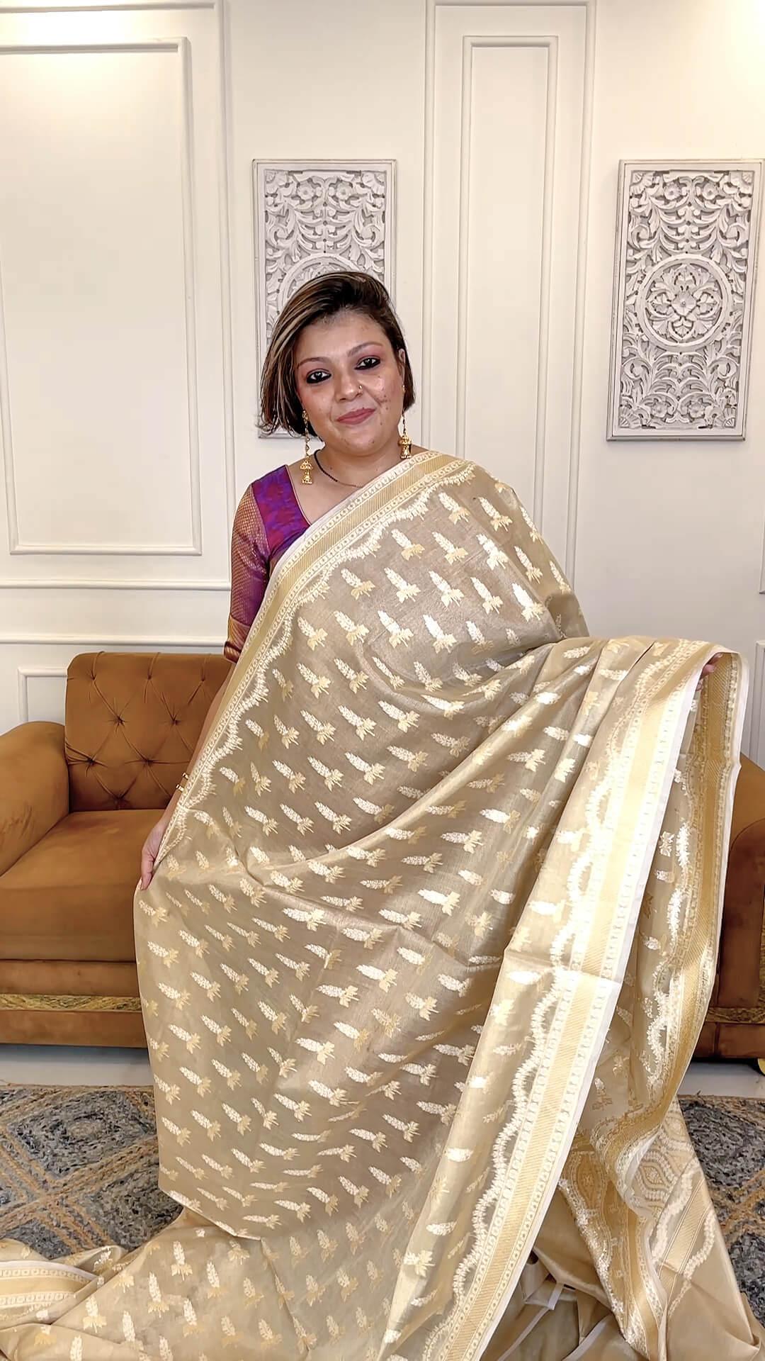 Semi Kora Tissue Silk saree in Beige 1 - Beige Semi Kora Tissue saree