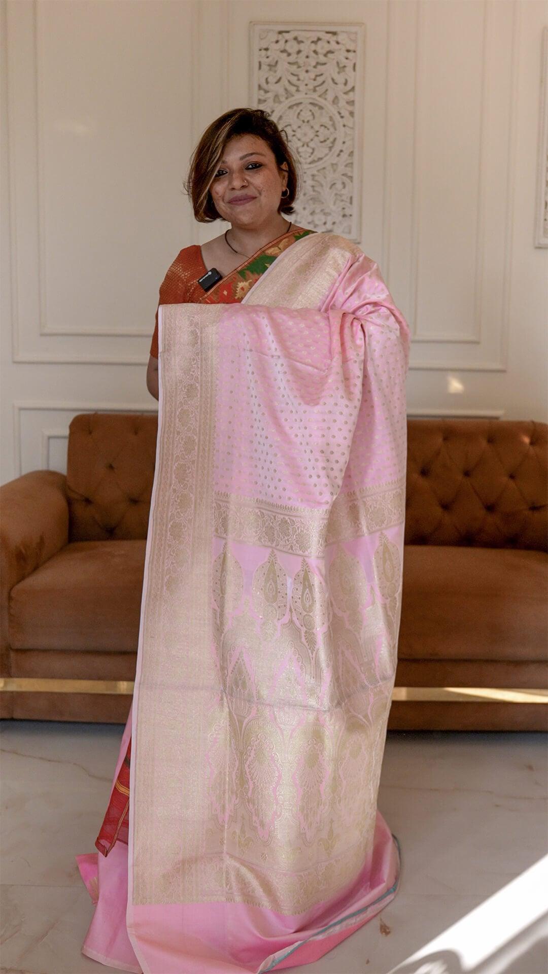 Handloom Pure Silk Katan Banarasi in Rose Pink - handcrafted saree from Handloom Katan Silk collection