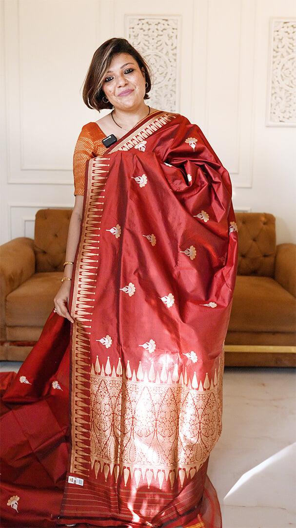Handloom Pure Katan Silk in Deep Maroon - handcrafted saree from Handloom Katan Silk collection