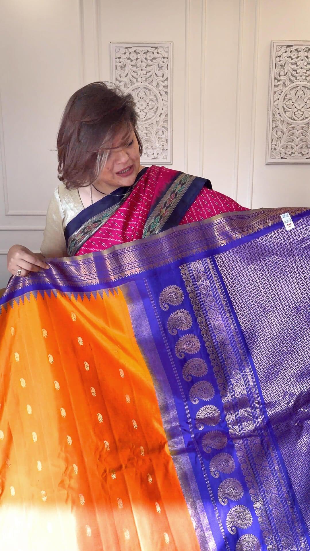 Handloom Pure Silk Gadwal in Orange and Royal Blue Pallu 4 - Orange and Royal Blue Pure Silk Gadwal saree