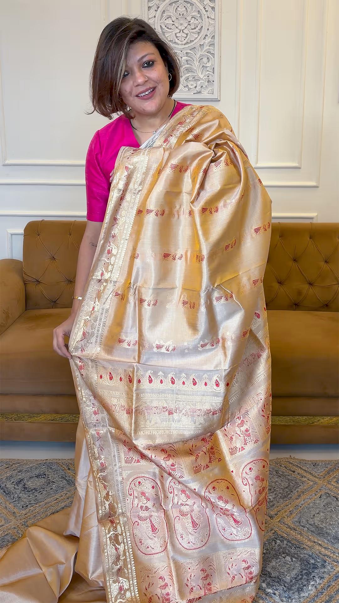 Handloom Swarnachari in Pure Katan Silk in Golden-Champagne view 1 - Golden-Champagne Silk saree