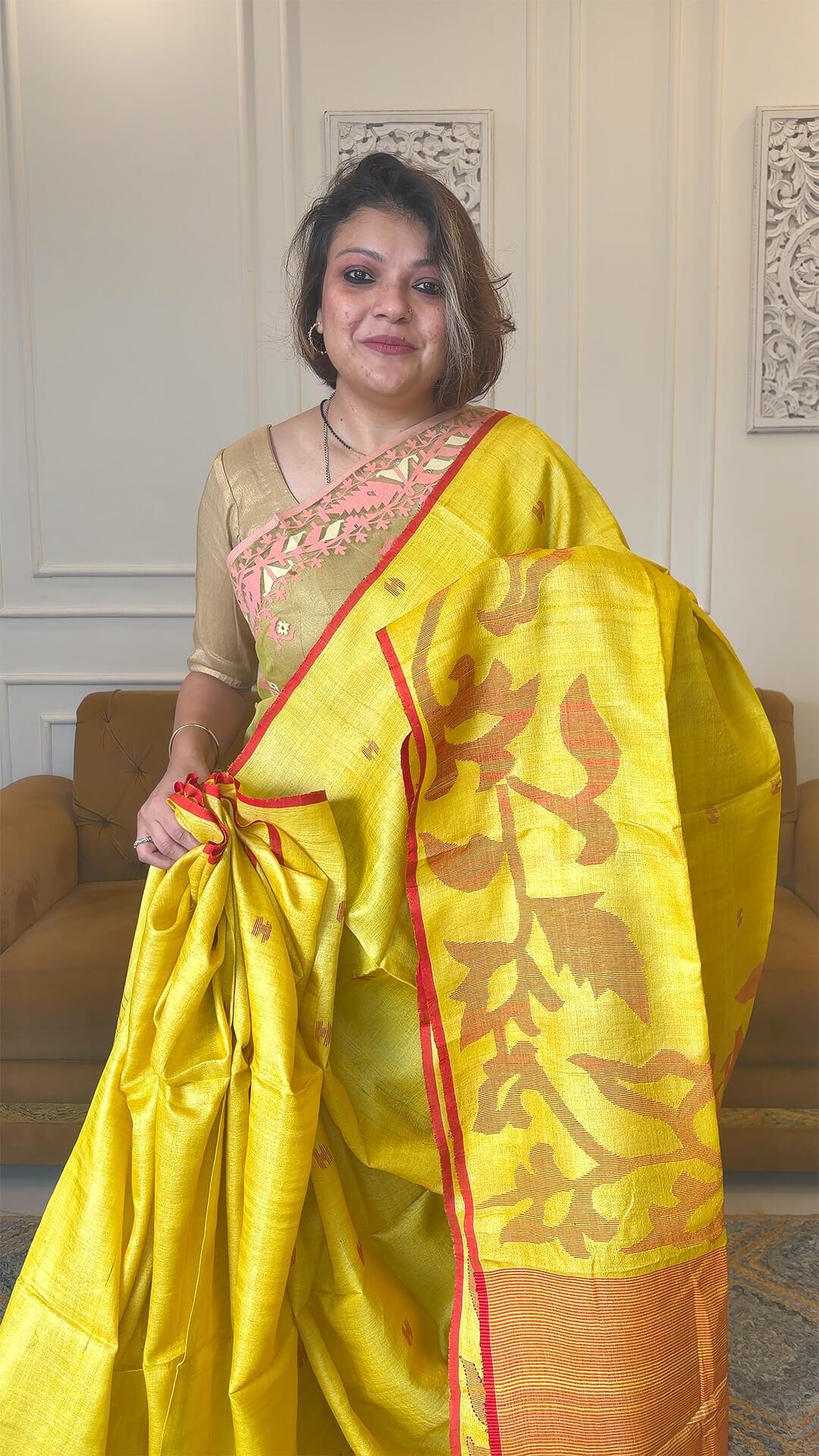 Handloom Pure Tussar Silk Jamdani in Yellow & Red - Yarn Dyed Saree - handcrafted saree from Handloom Dhakai Jamdani Saree collection
