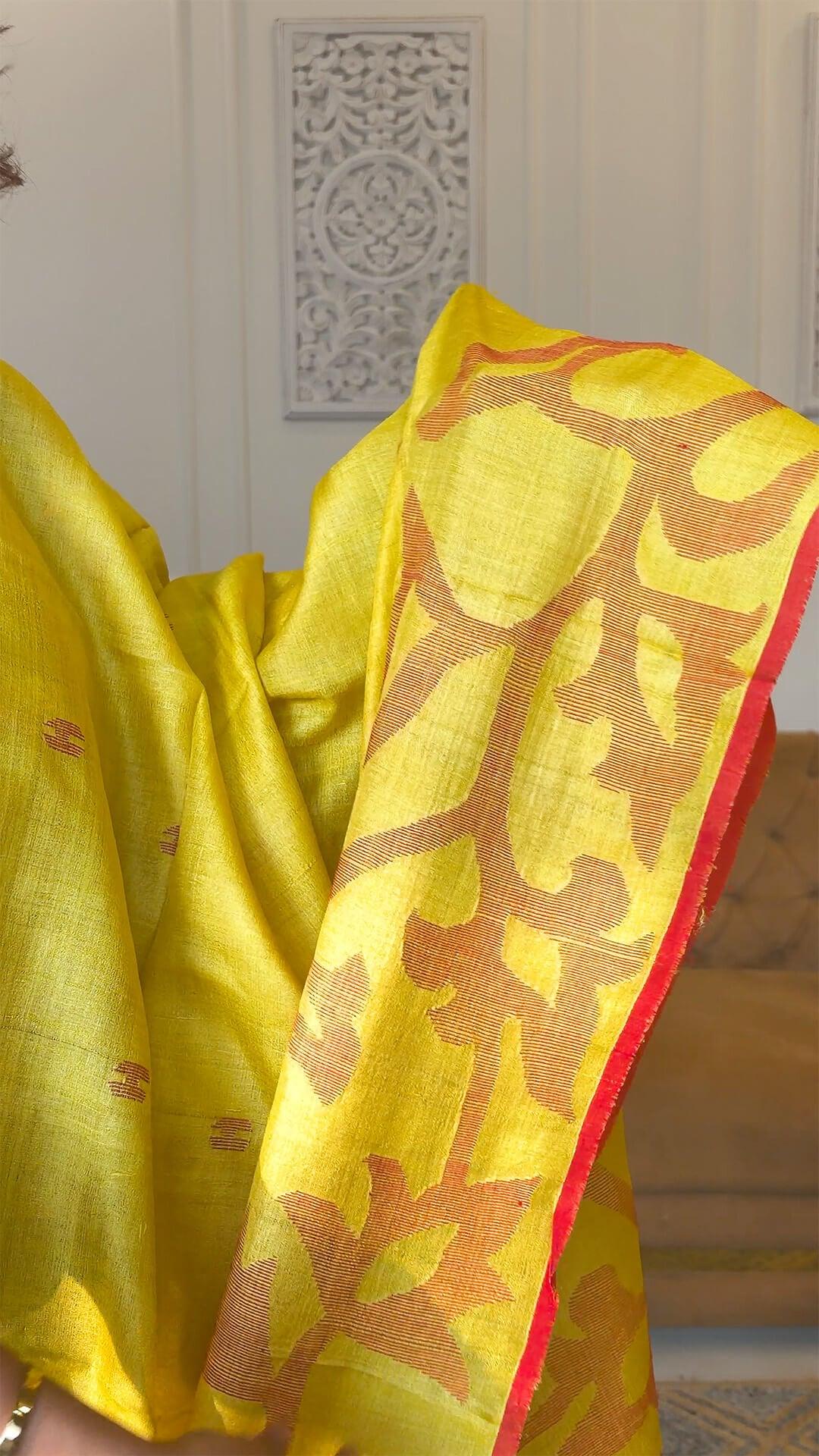 Handloom Pure Tussar Silk Jamdani in Yellow & Red - Yarn Dyed Saree view 2 - Yellow & Red Tussar saree