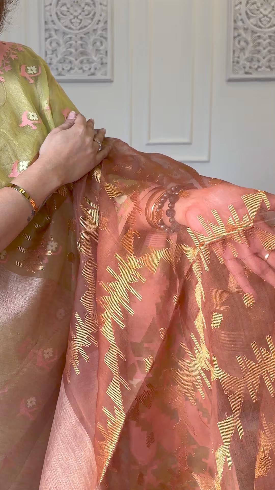 Handloom Pure Muslin silk and Linen Jamdani in Red Sandalwood  - Yarn Dyed Saree 3 - Red Sandalwood Muslin silk & Linen saree