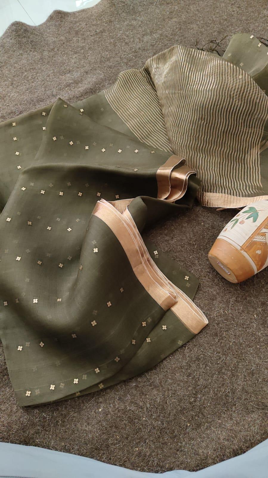 Handloom Pure Muslin silk in Olive Green Yarn Dyed Saree 2 - Olive Green Muslin silk saree