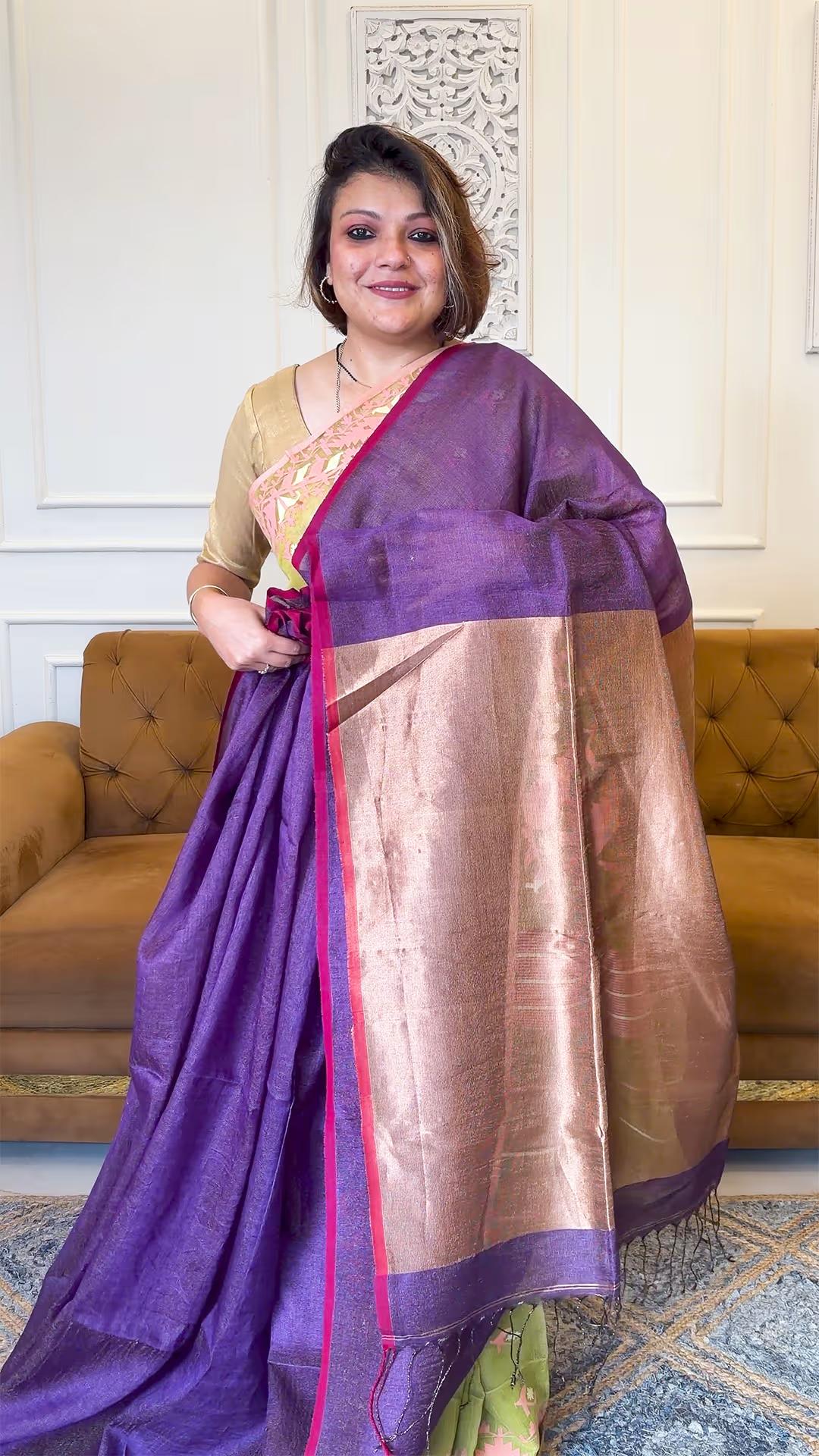 Handloom Pure Tissue & Linen in Deep Purple - Yarn Dyed Saree view 2 - Deep Purple Tissue & Linen saree