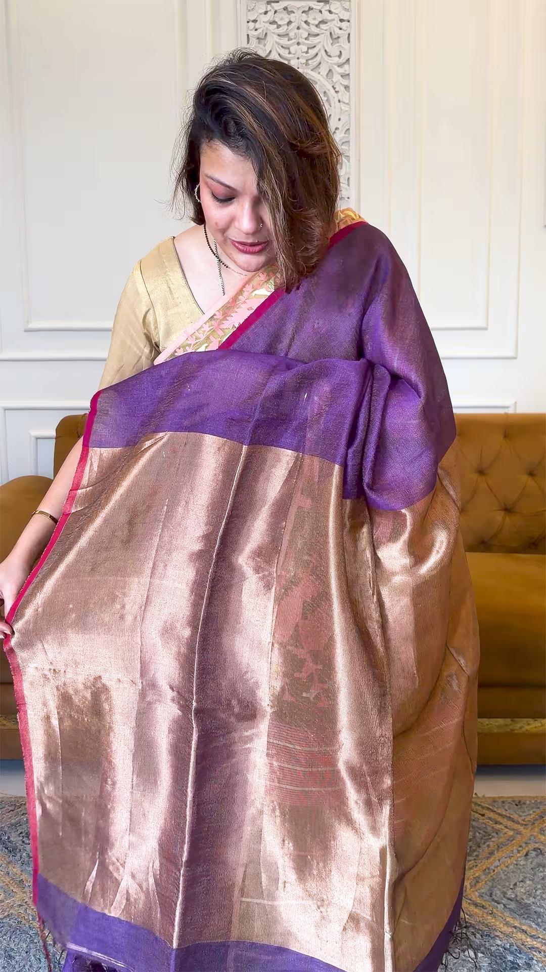 Handloom Pure Tissue & Linen in Deep Purple - Yarn Dyed Saree view 3 - Deep Purple Tissue & Linen saree