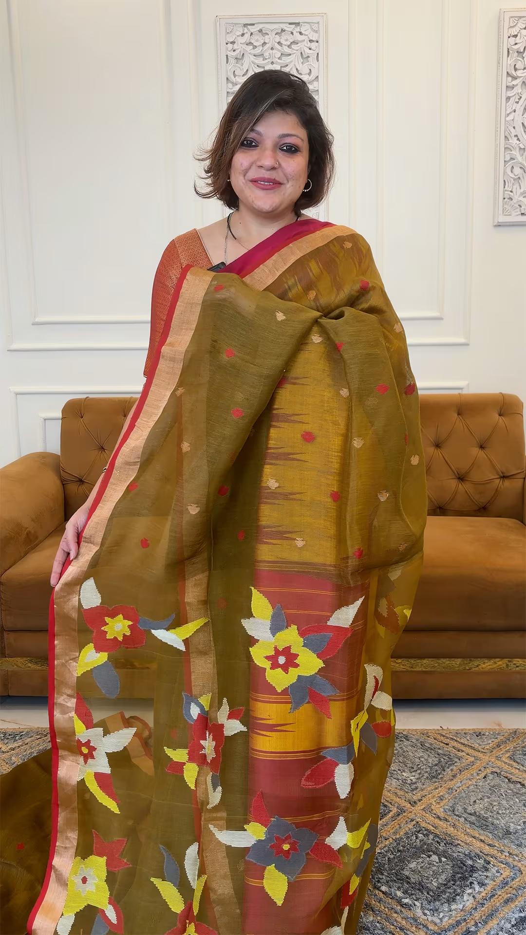 Handloom Pure Muslin silk and Linen Jamdani in Olive Green  - Yarn Dyed Saree 3 - Olive Muslin silk & Linen saree