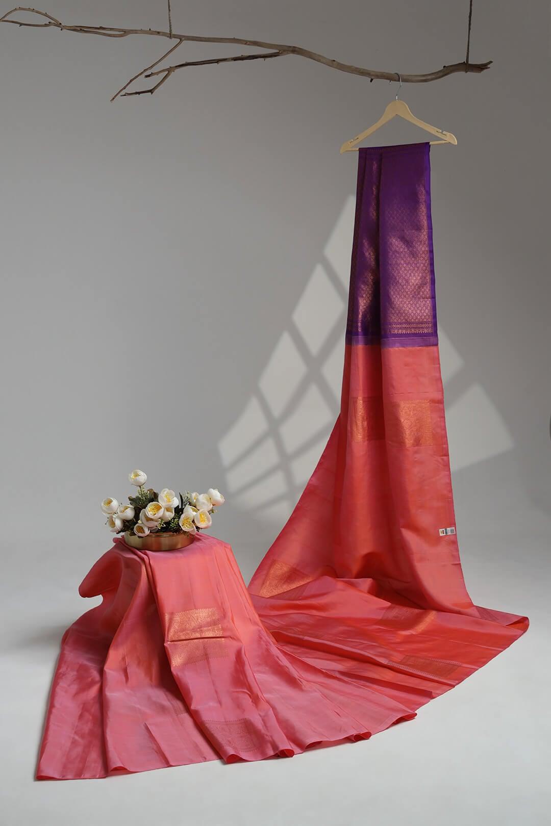 Arani Pure Silk Handloom Saree in Pink and Purple Pallu 2 - Pink with Purple Pallu Arani saree