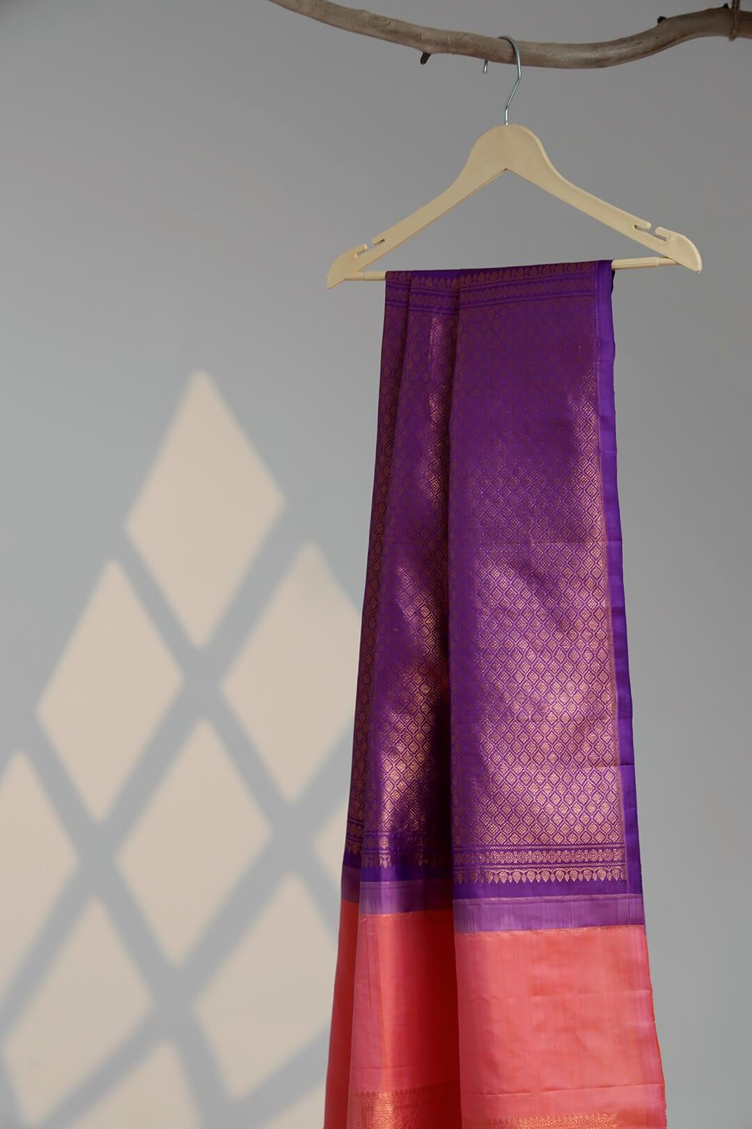 Arani Pure Silk Handloom Saree in Pink and Purple Pallu view 3 - Pink with Purple Pallu Arani saree