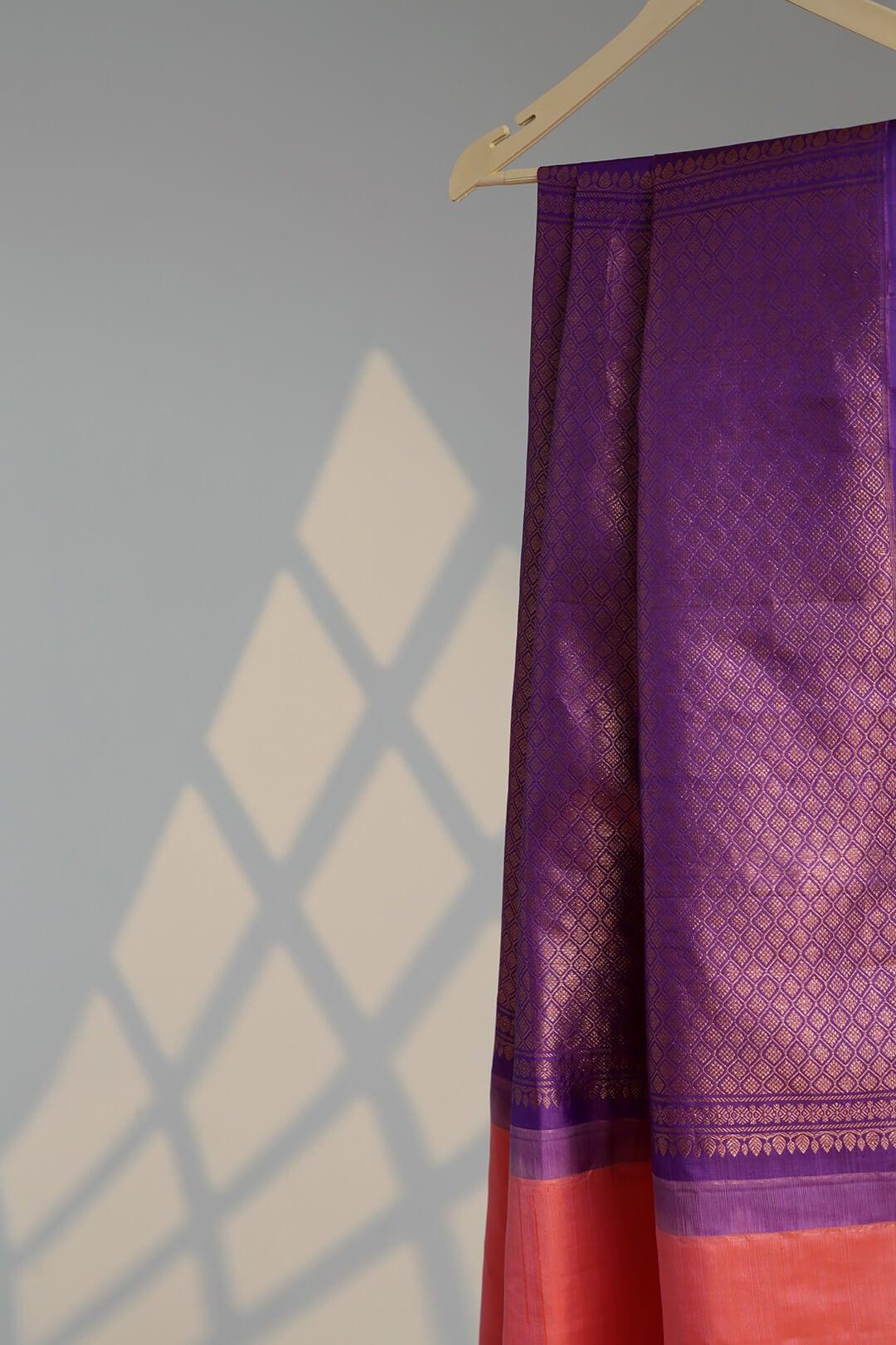 Arani Pure Silk Handloom Saree in Pink and Purple Pallu view 5 - Pink with Purple Pallu Arani saree