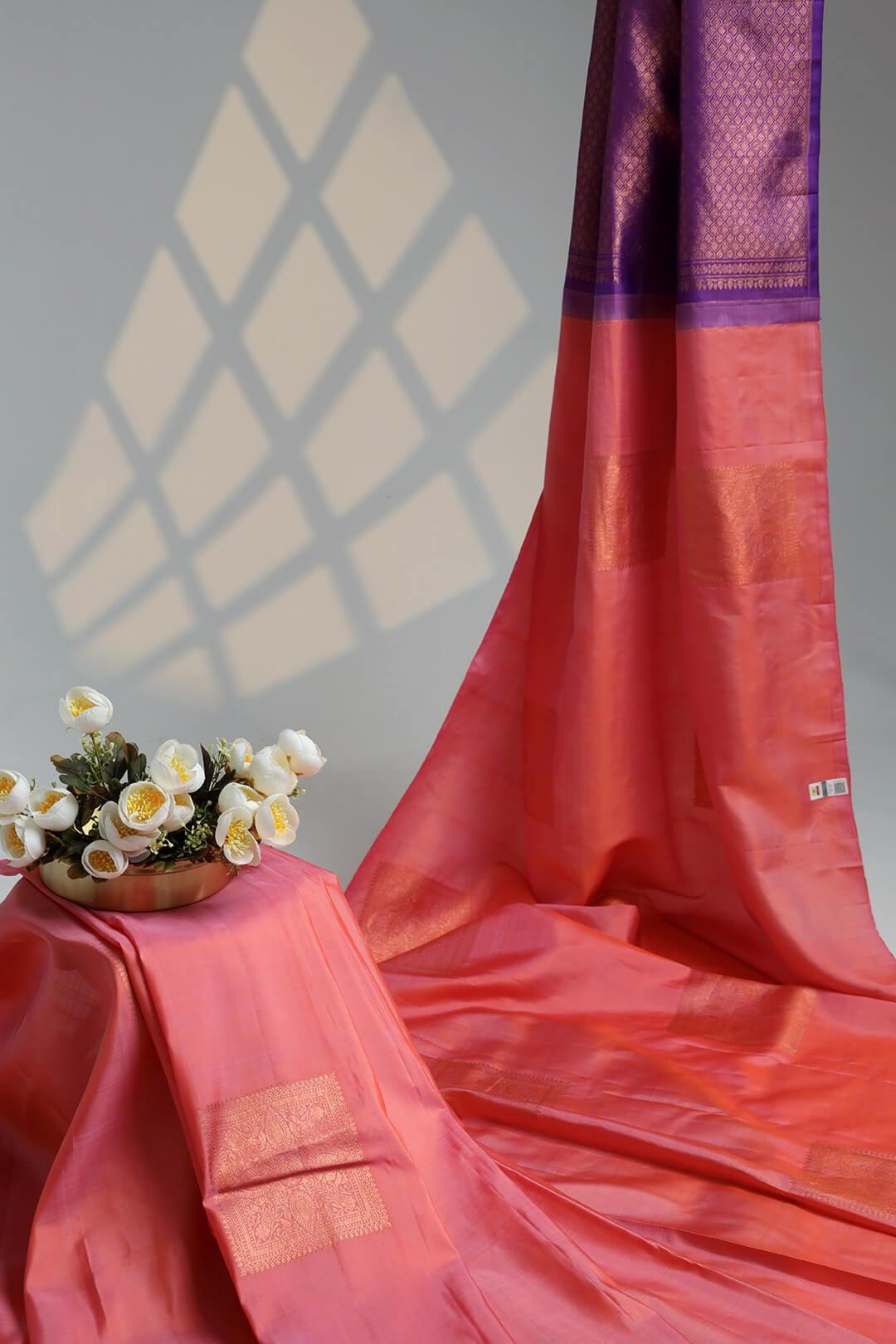 Arani Pure Silk Handloom Saree in Pink and Purple Pallu view 6 - Pink with Purple Pallu Arani saree