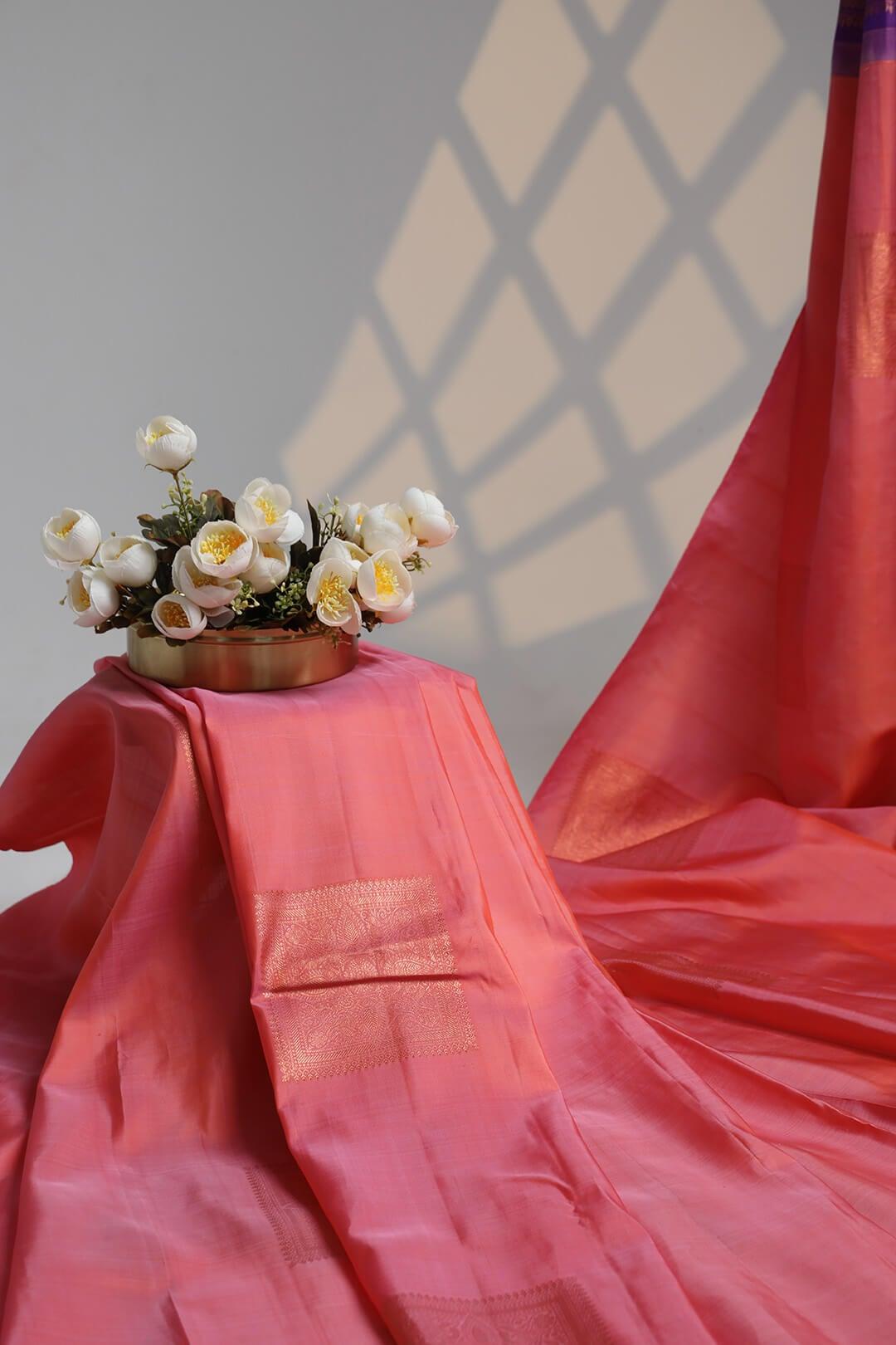 Arani Pure Silk Handloom Saree in Pink and Purple Pallu view 4 - Pink with Purple Pallu Arani saree