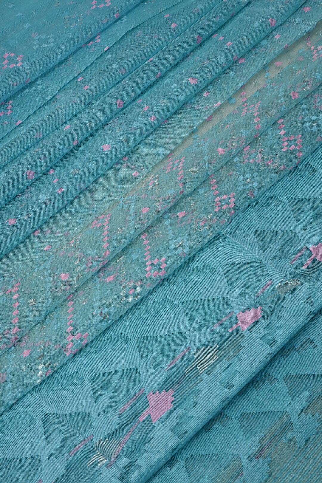 Handloom Dhakai Jamdani saree in sky blue and pink - Blouse Piece not included view 6 - Sky Blue Pure Cotton saree