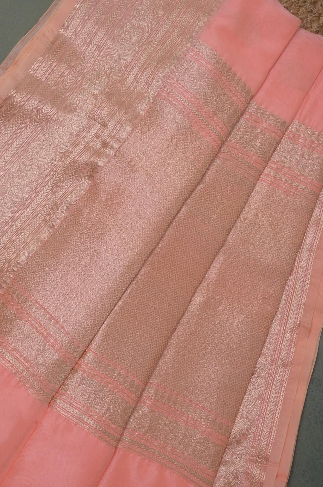 Handloom Kora Banarasi in Peach view 4 - Pink Kora saree