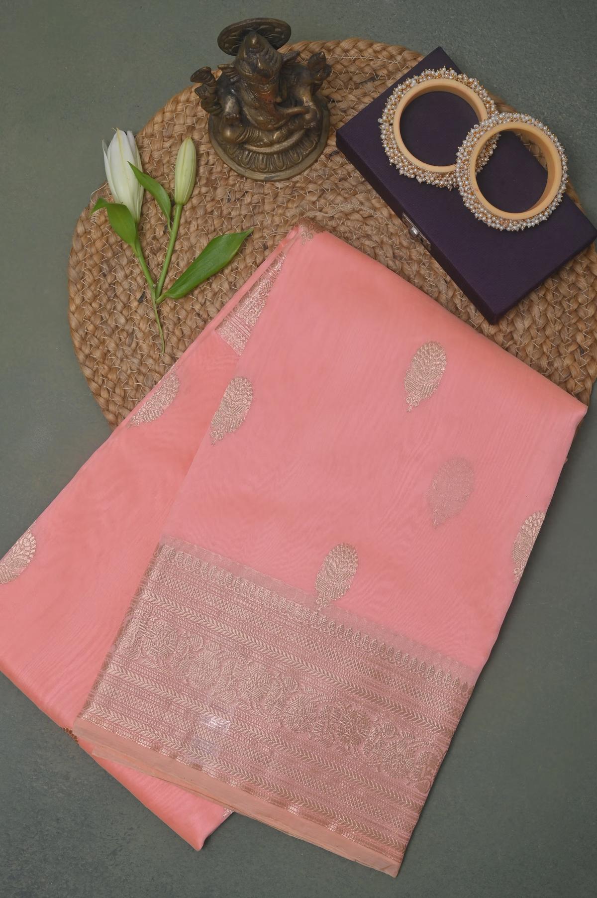 Handloom Kora Banarasi in Peach view 6 - Pink Kora saree