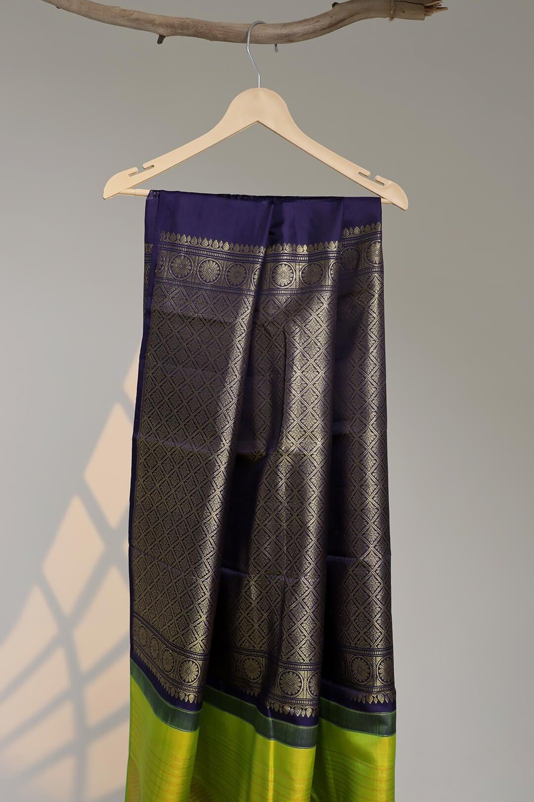 Arani Pure Silk Handloom Saree in Parrot Green and Navy Blue Zari Pallu view 6 - Parrot Green and Navy Blue Arani saree