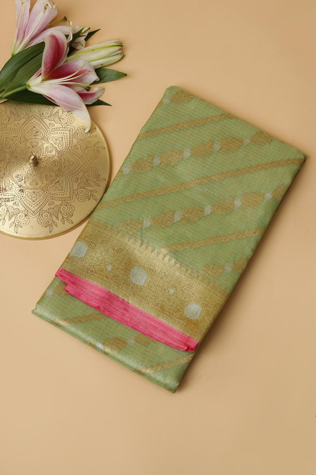 Semi Chanderi in Green and pink gold zari 2 - Green and Pink gold zari Semi Chanderi saree