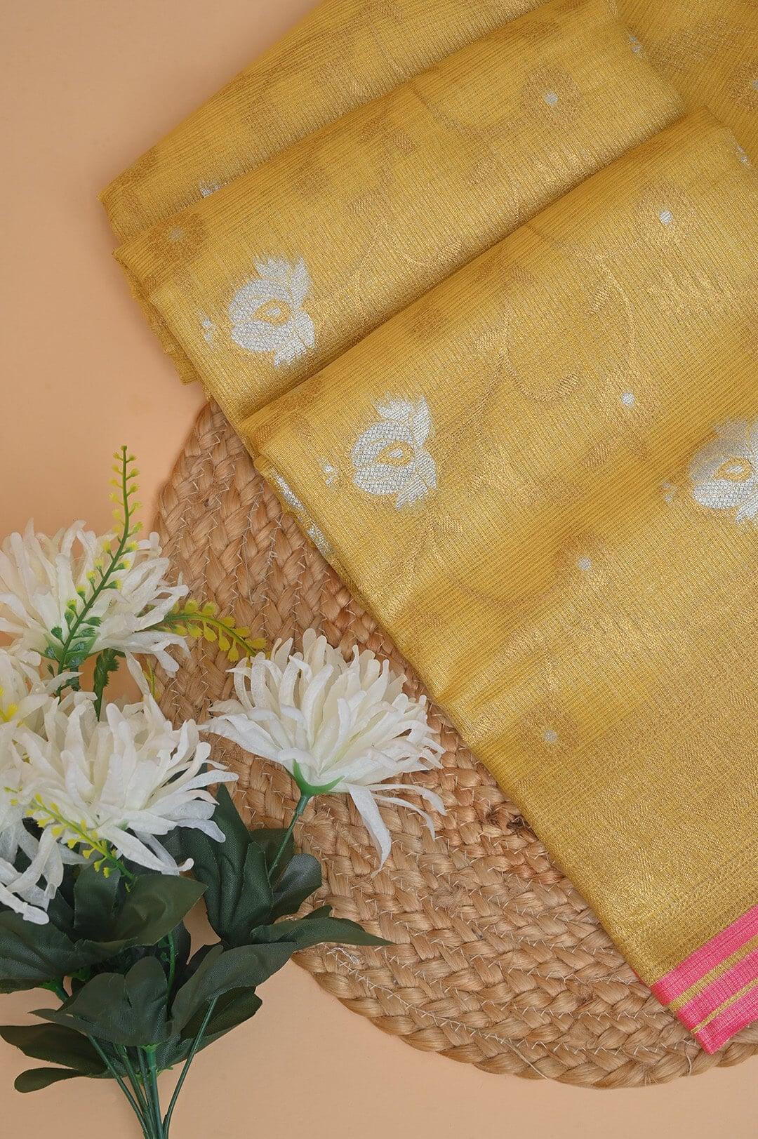 Semi Chanderi and gold saree in Yellow view 4 - Yellow and Gold Semi Chanderi saree