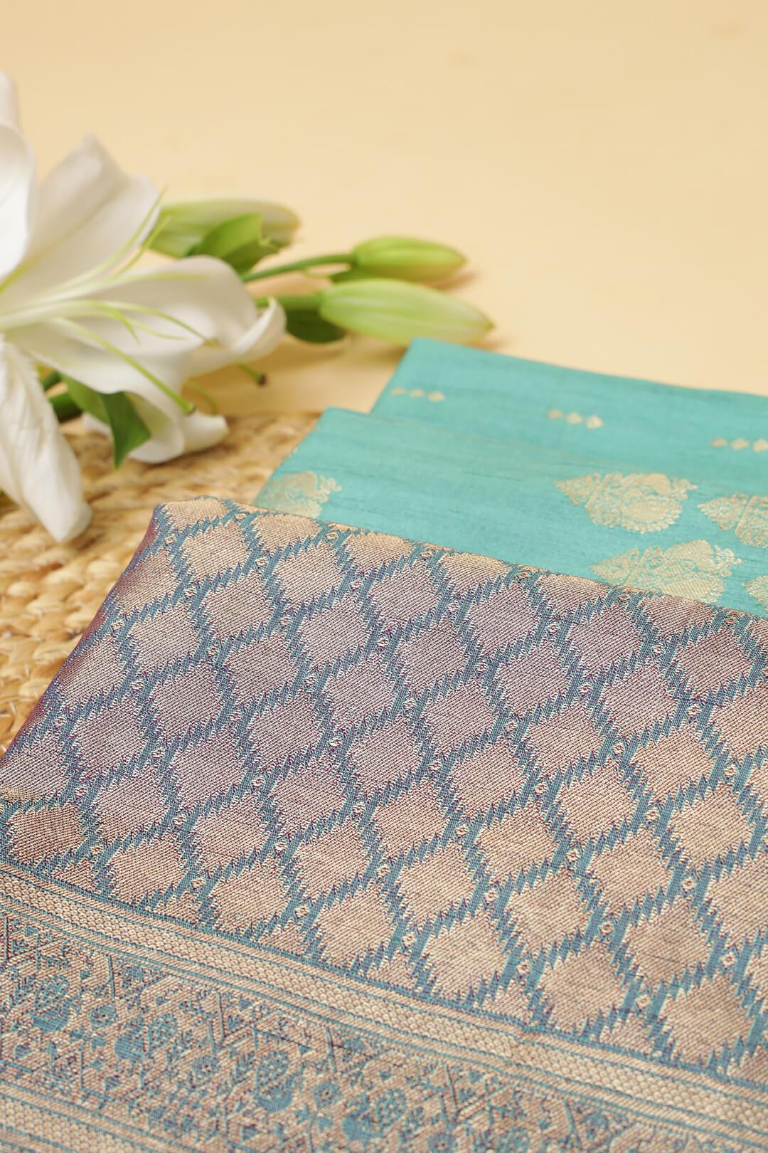 Semi Tussar silk saree in Sky Blue and Purple blue dual tone pallu view 2 - Sky Blue and Blue purple dual tone Pallu Semi Tussar saree