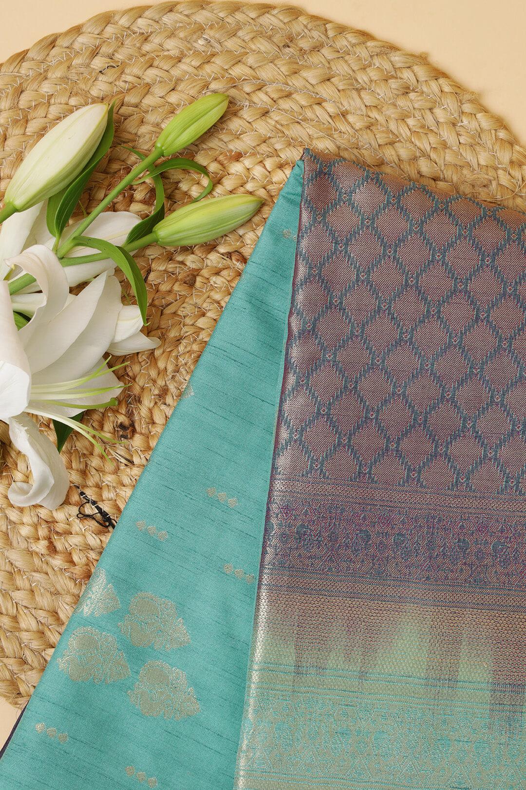 Semi Tussar silk saree in Sky Blue and Purple blue dual tone pallu 5 - Sky Blue and Blue purple dual tone Pallu Semi Tussar saree