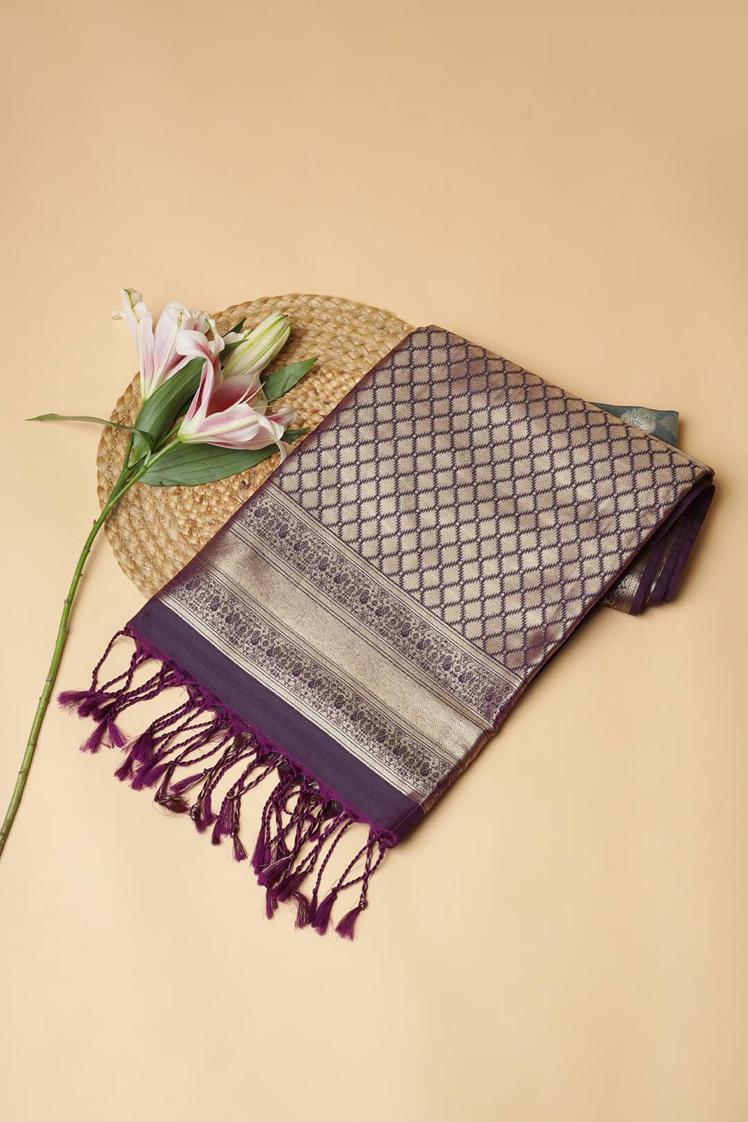 Semi Tussar silk saree in Dark Grey and Purple pallu 3 - Dark grey with purple pallu Semi Tussar saree