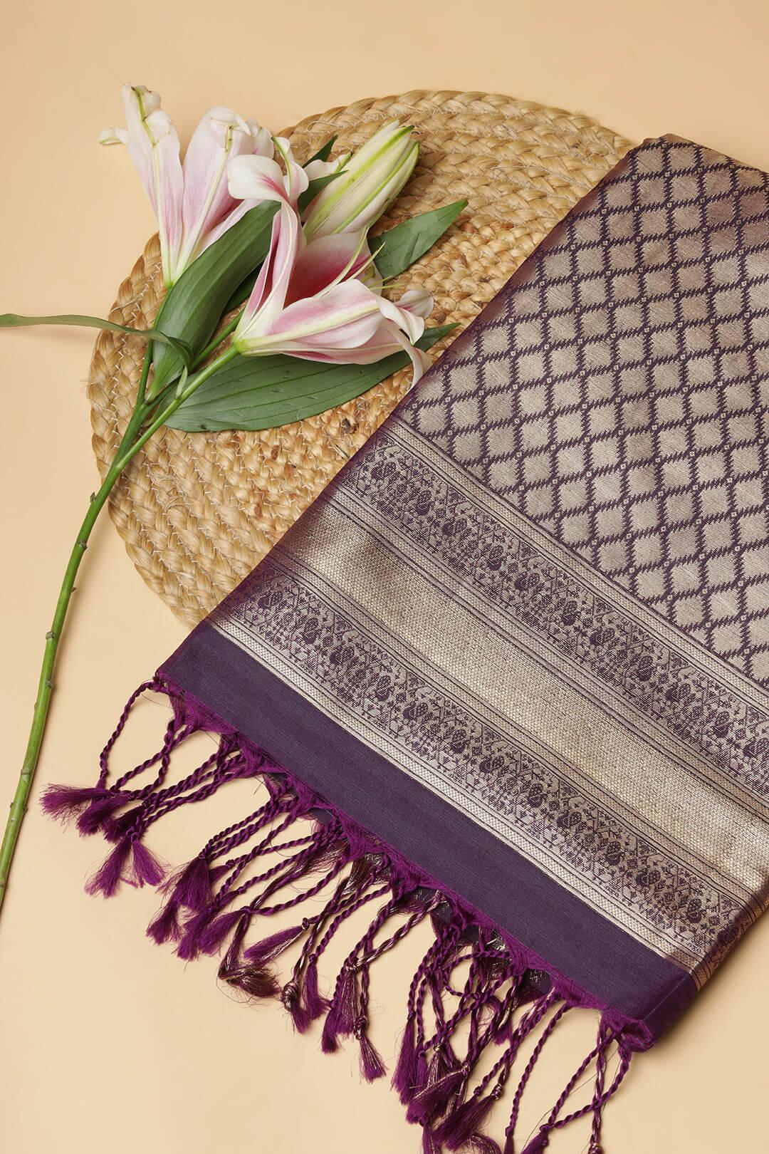 Semi Tussar silk saree in Dark Grey and Purple pallu view 2 - Dark grey with purple pallu Semi Tussar saree