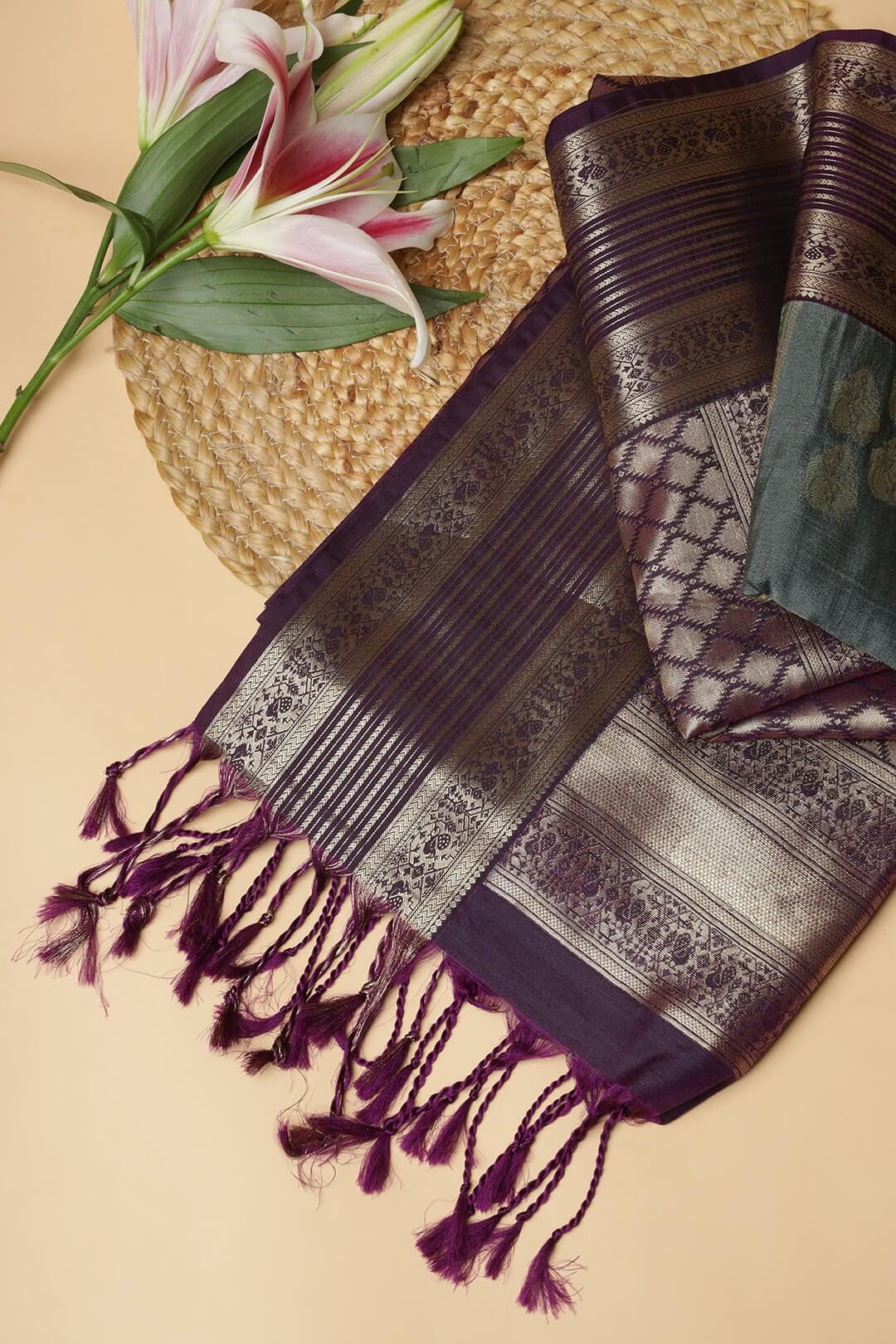 Semi Tussar silk saree in Dark Grey and Purple pallu 4 - Dark grey with purple pallu Semi Tussar saree