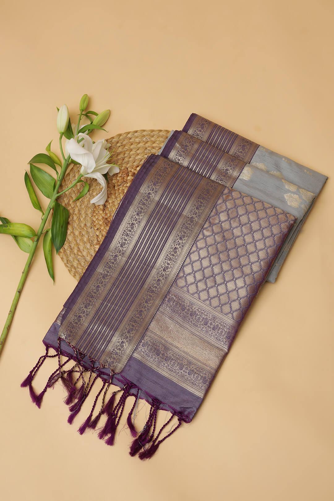 Semi Tussar silk saree in Ash Grey and Purple pallu 4 - Ash grey with purple pallu Semi Tussar saree