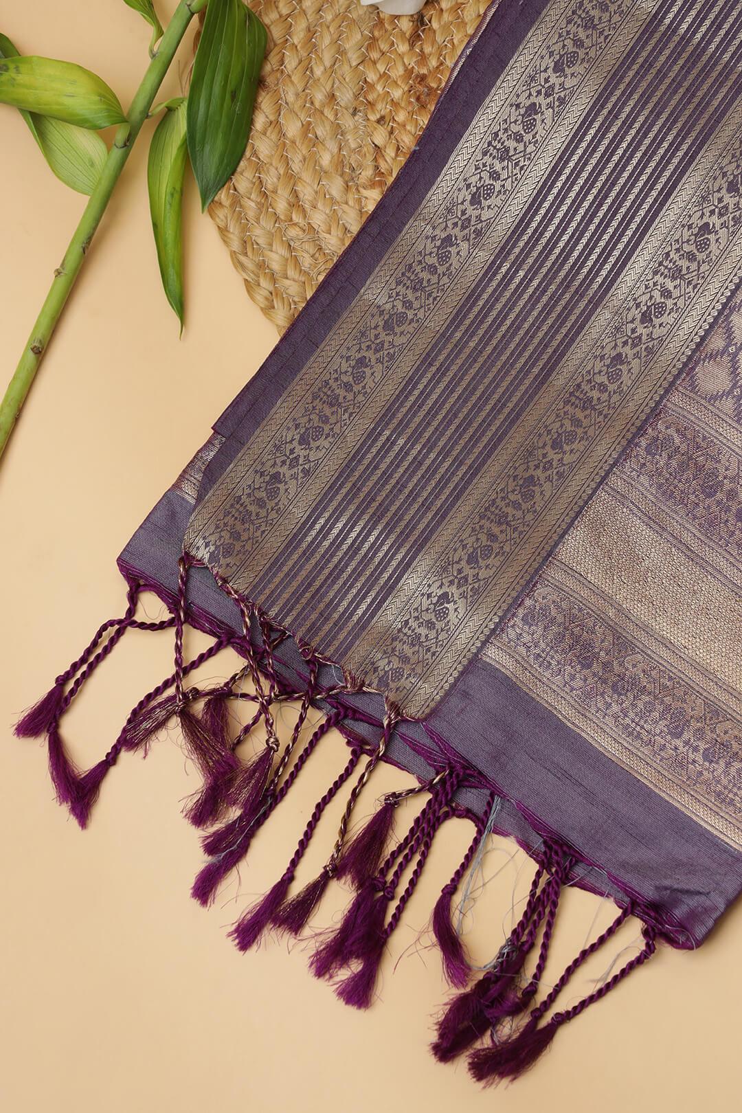 Semi Tussar silk saree in Ash Grey and Purple pallu view 5 - Ash grey with purple pallu Semi Tussar saree