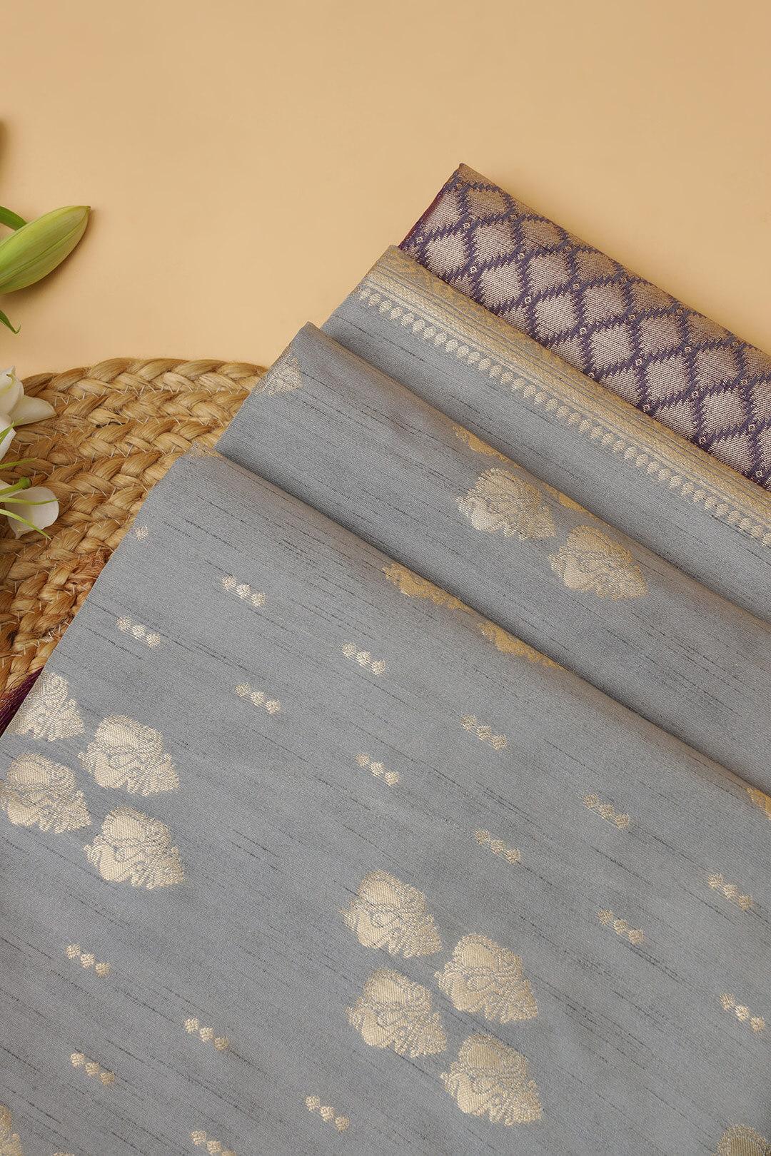 Semi Tussar silk saree in Ash Grey and Purple pallu view 6 - Ash grey with purple pallu Semi Tussar saree