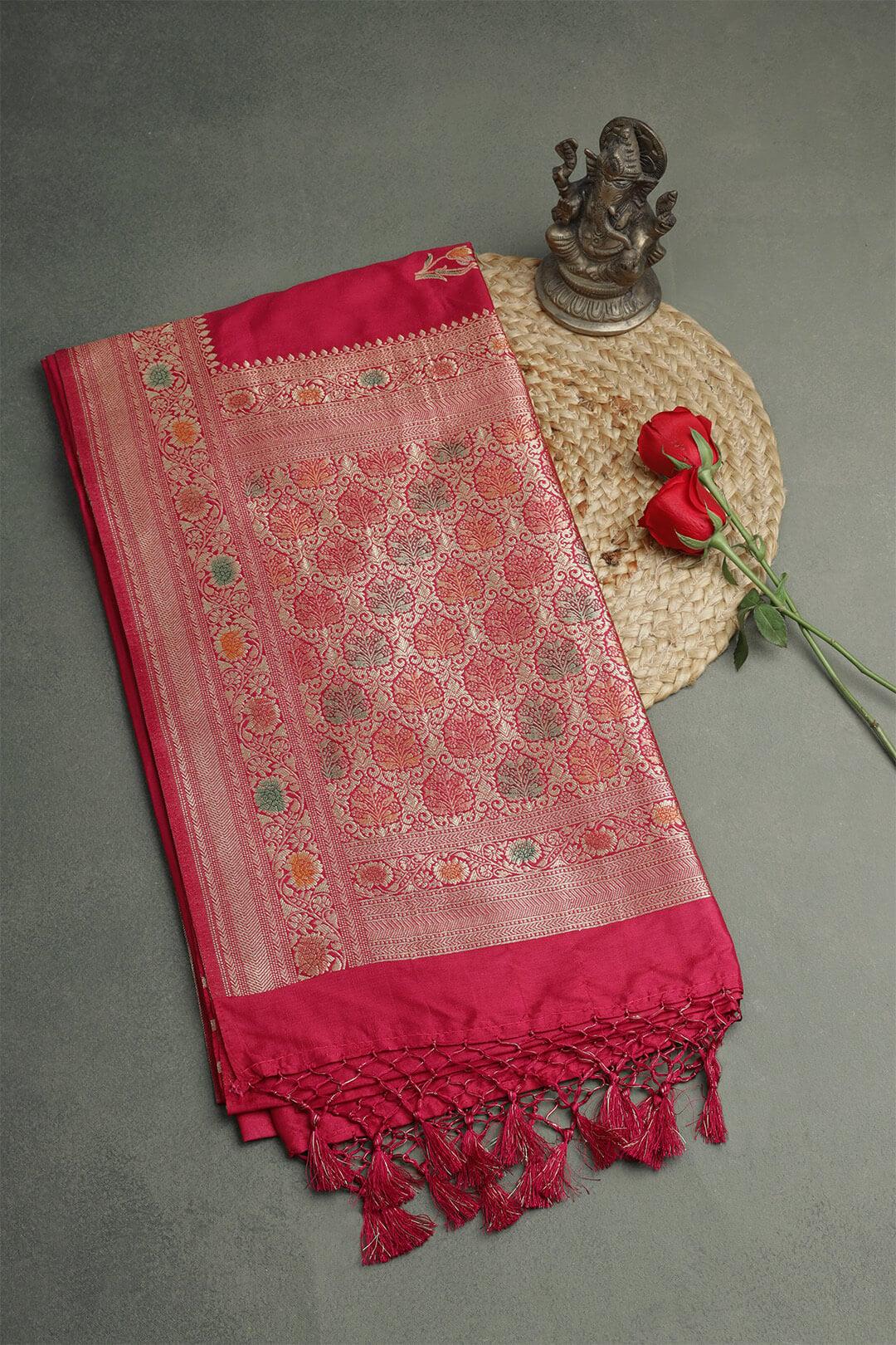 Semi Katan Silk Saree in Red 2 - Red Semi Katan saree