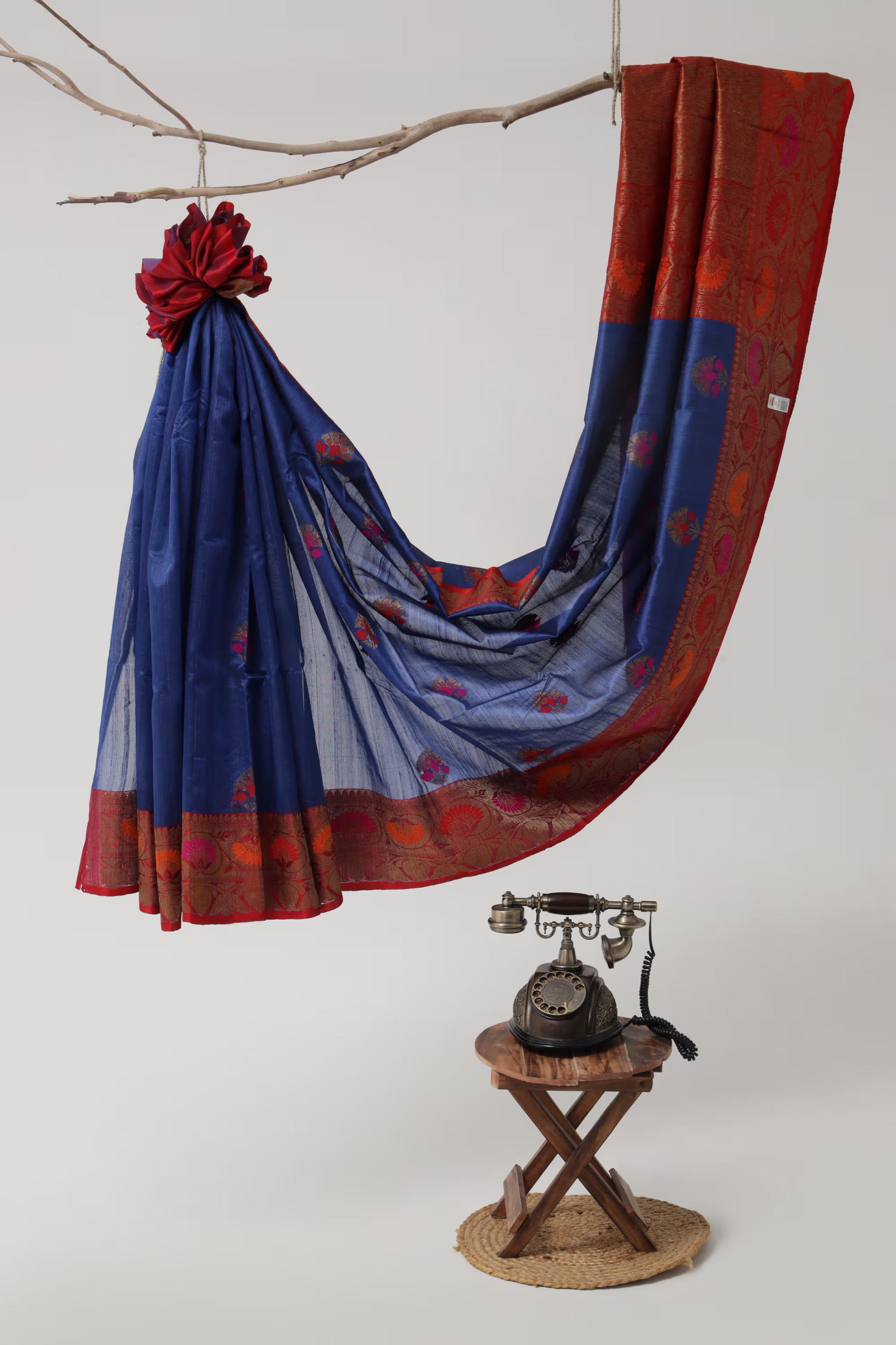 Handloom Tussar Banarasi saree Navy Blue and Red with Meenakari 1 - Royal blue and Red Tussar silk saree